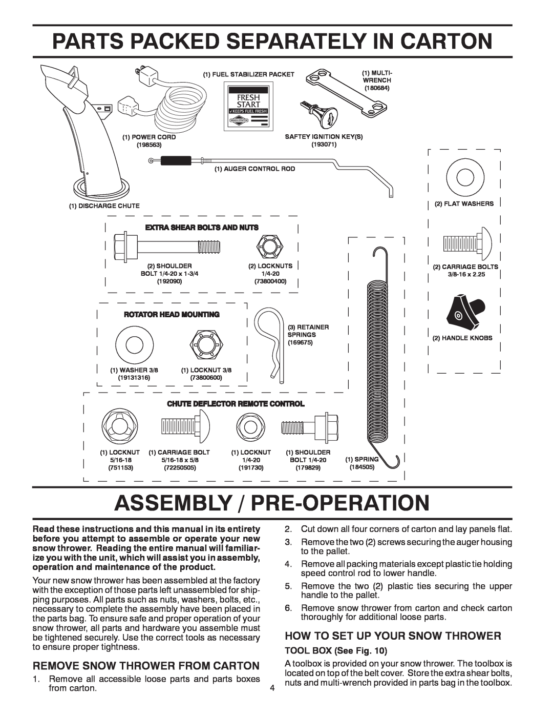 Poulan PP1150E30 owner manual Parts Packed Separately In Carton, Assembly / Pre-Operation, How To Set Up Your Snow Thrower 