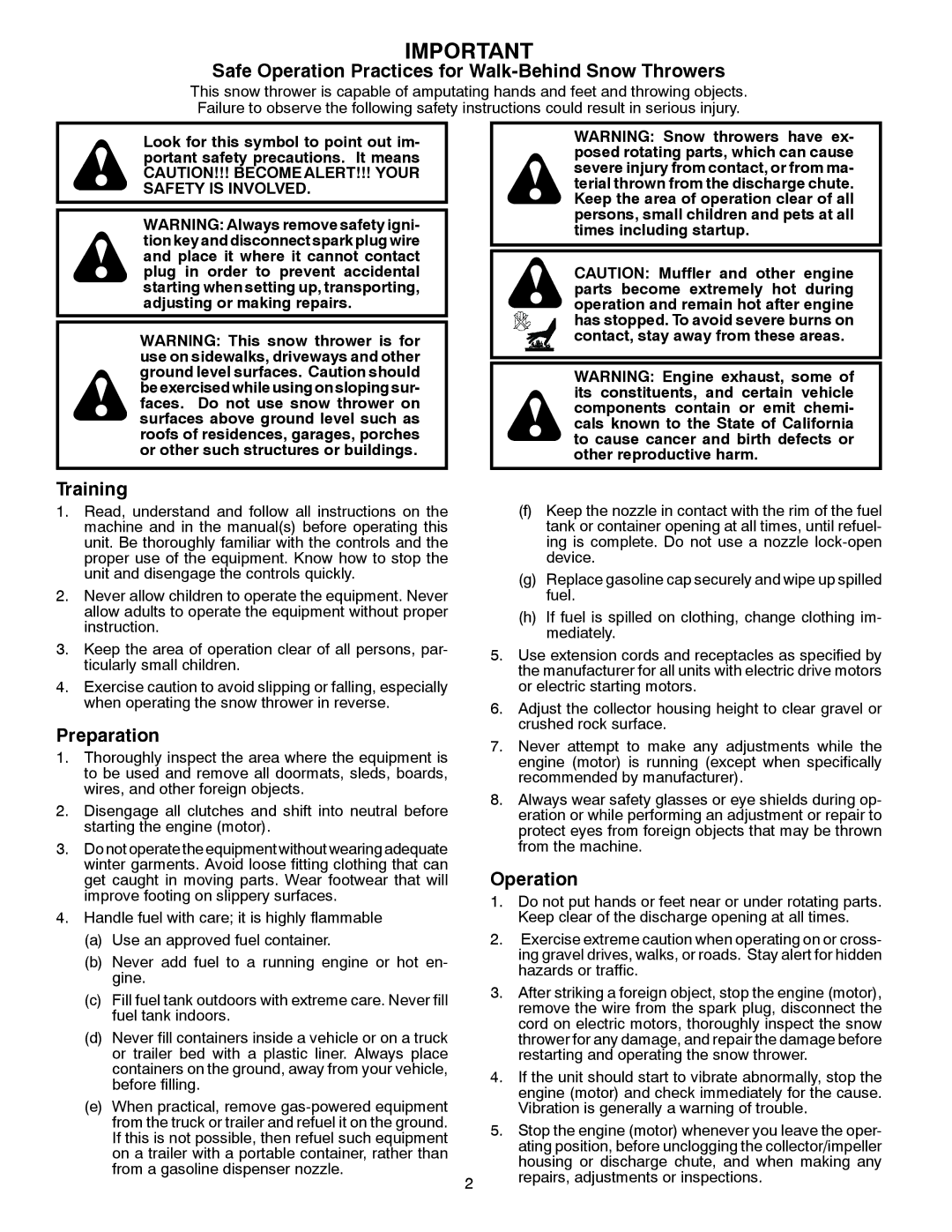 Poulan PP1150E30 owner manual Safe Operation Practices for Walk-Behind Snow Throwers 