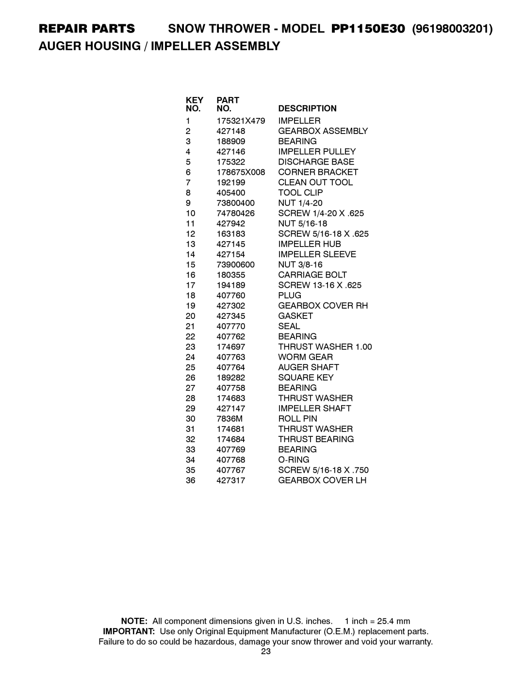 Poulan PP1150E30 owner manual KEY Part Description 