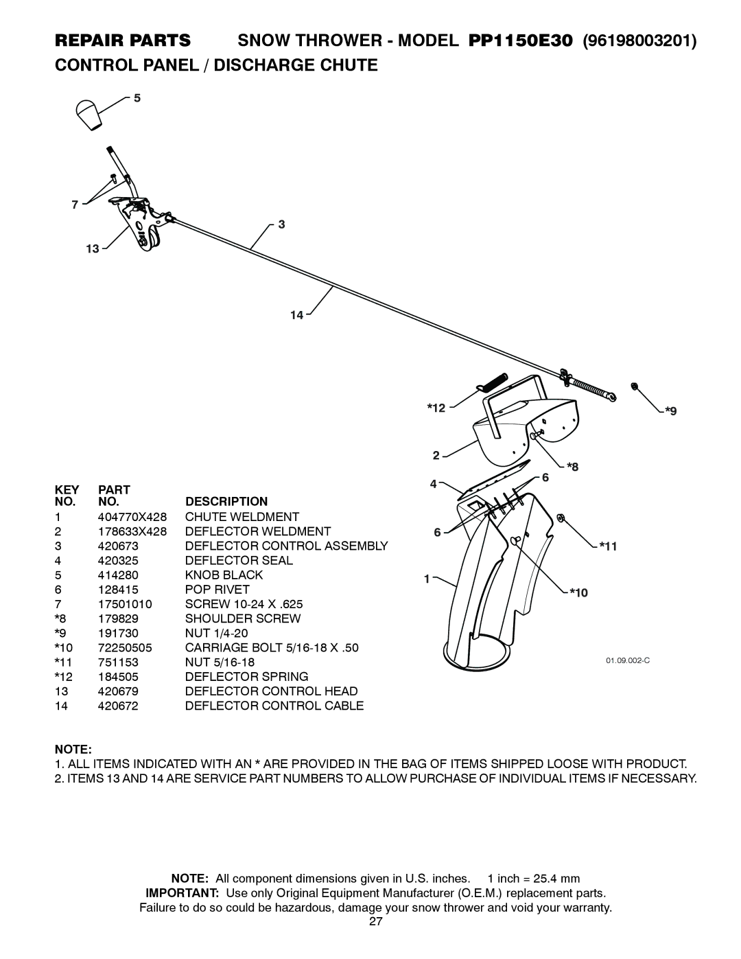 Poulan PP1150E30 owner manual Knob Black, POP Rivet, Shoulder Screw, Deflector Spring 