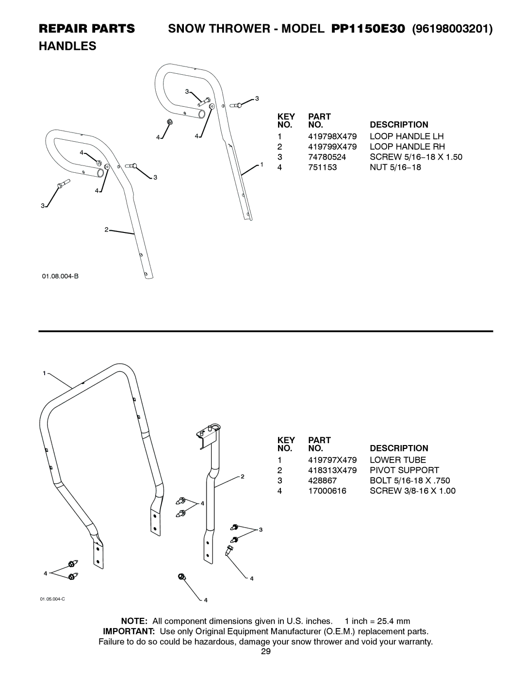 Poulan Repair Parts Snow Thrower Model PP1150E30 Handles, Loop Handle LH, Loop Handle RH, Lower Tube, Pivot Support 