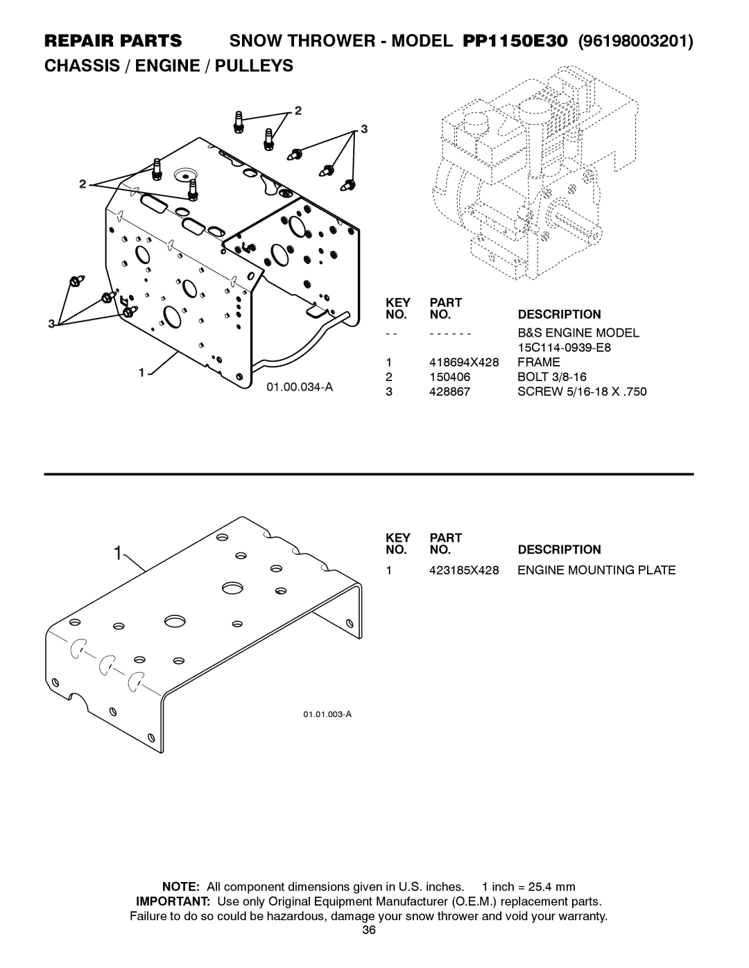 Poulan PP1150E30 owner manual Engine Model, Frame, 423185X428, Engine Mounting Plate 