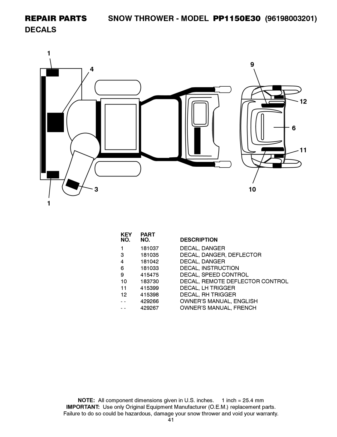 Poulan PP1150E30 owner manual Decals, 181037, DECAL, Danger, DECAL, DANGER, Deflector, DECAL, Instruction 