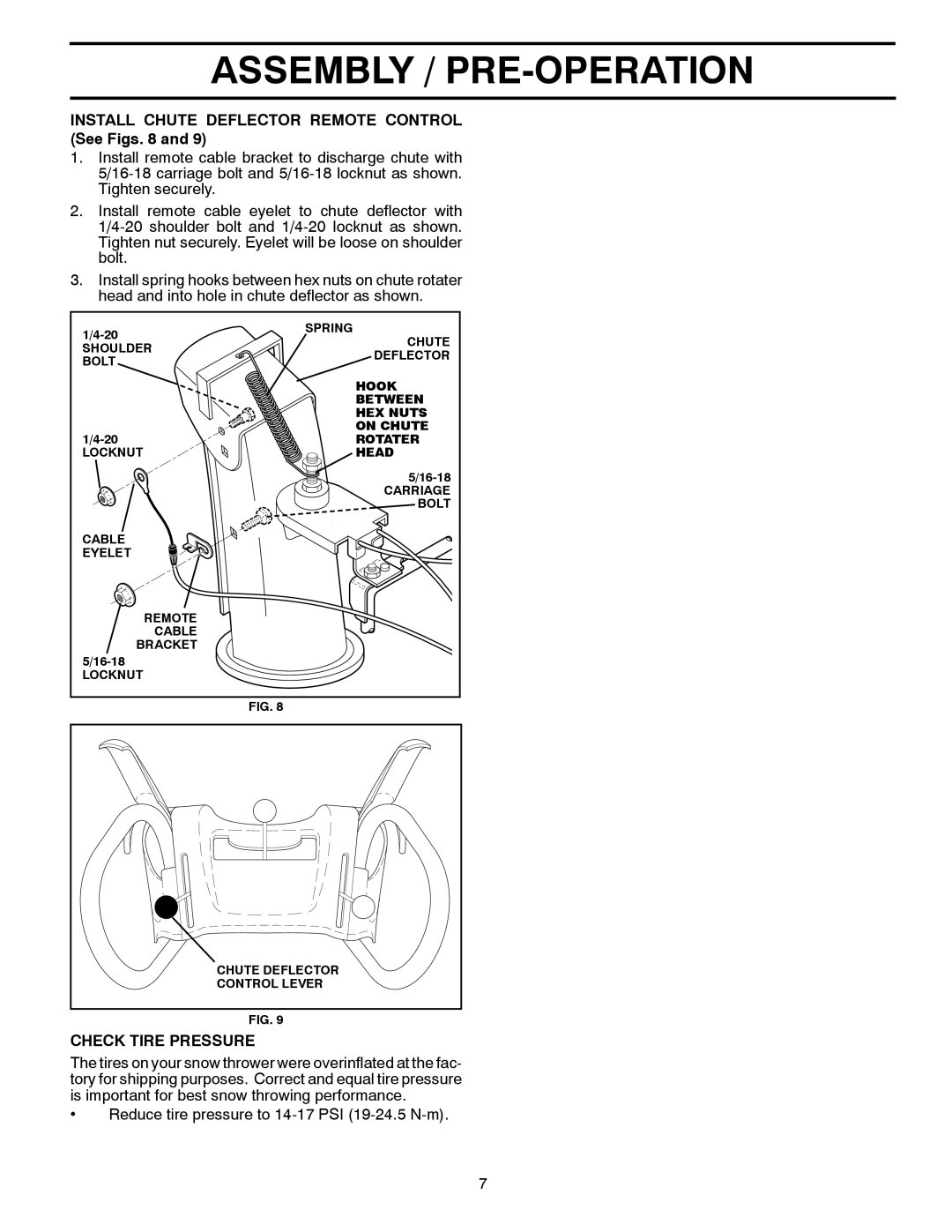 Poulan PP1150E30 owner manual Install Chute Deflector Remote Control See Figs, Check Tire Pressure 