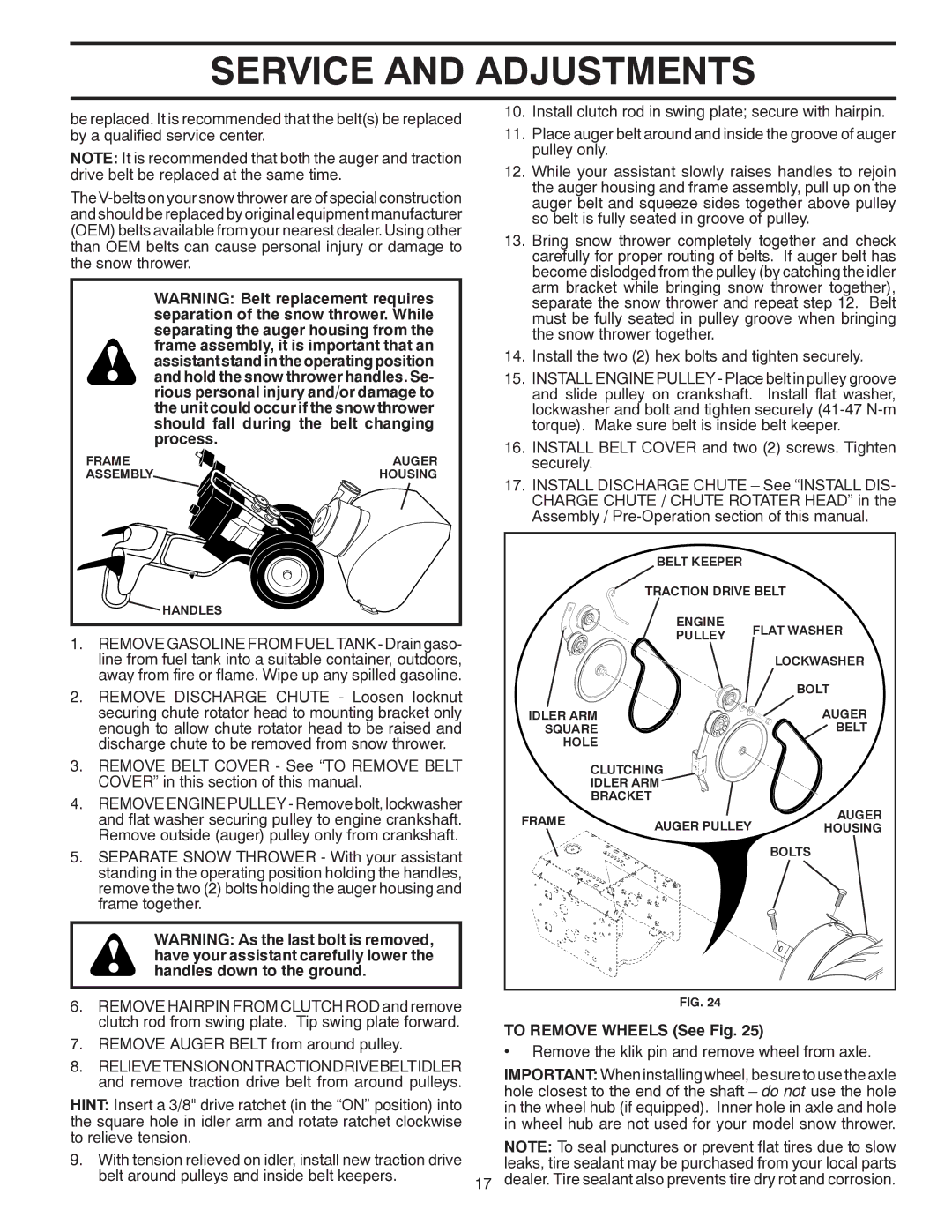 Poulan PP11530ES owner manual To Remove Wheels See Fig, Remove the klik pin and remove wheel from axle 