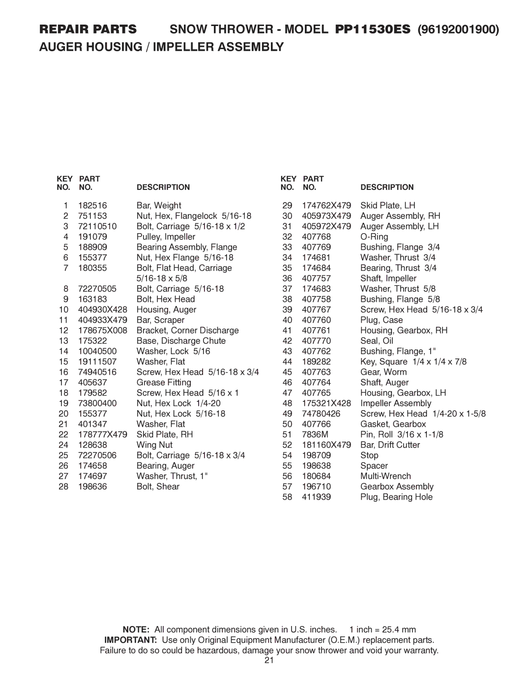 Poulan PP11530ES owner manual KEY Part Description 