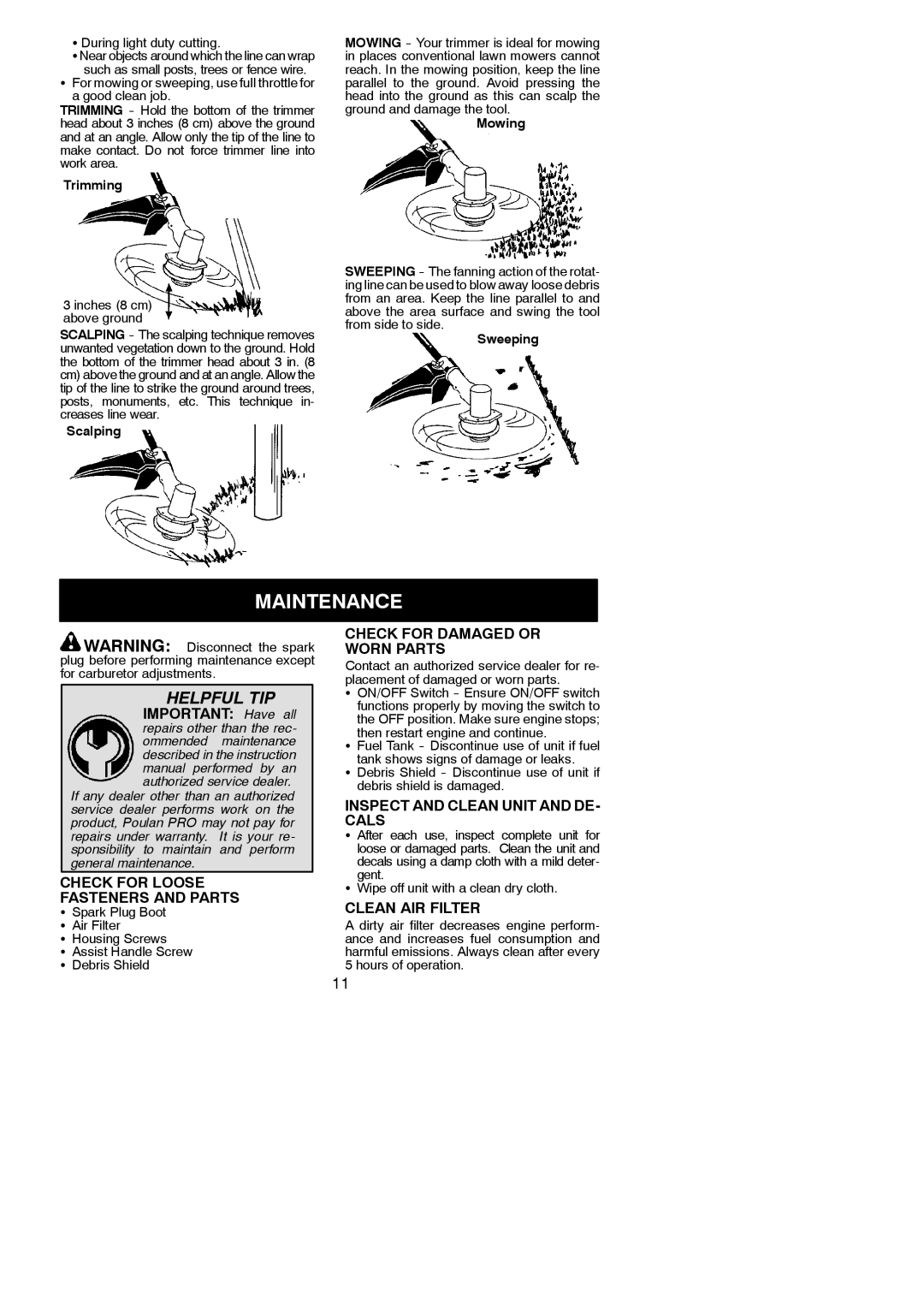 Poulan PP125 Maintenance, Check for Loose Fasteners and Parts, Check for Damaged or Worn Parts, Clean AIR Filter 