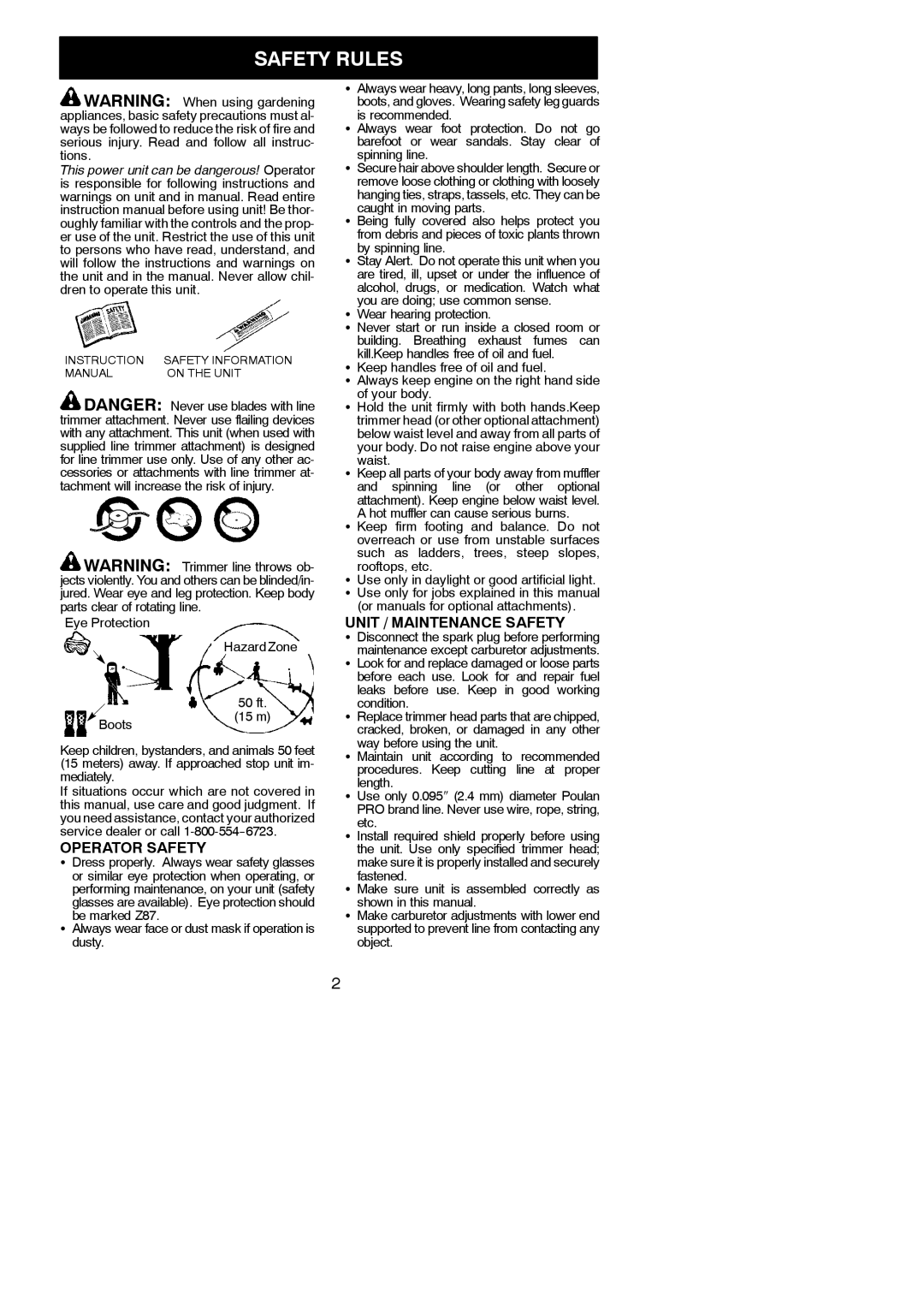 Poulan PP125 instruction manual Safety Rules, Operator Safety, Unit / Maintenance Safety 