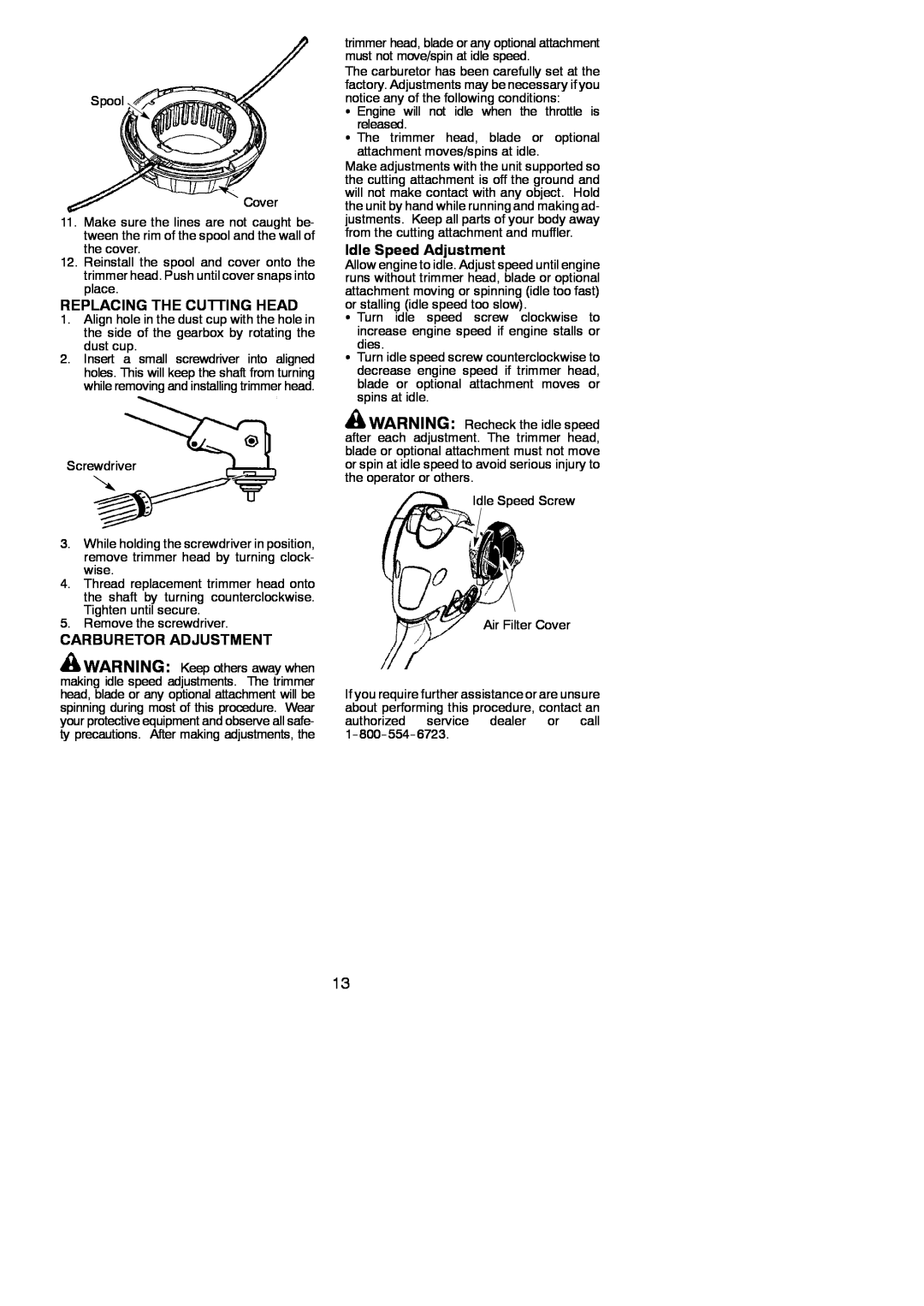 Poulan PP125 instruction manual Replacing The Cutting Head, Carburetor Adjustment, Idle Speed Adjustment 