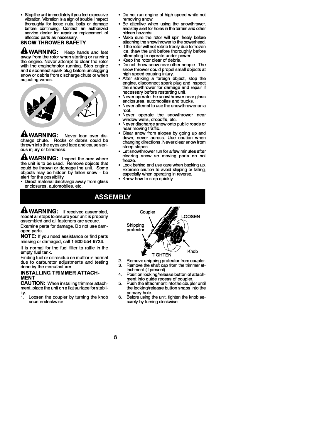 Poulan PP125 instruction manual Assembly, Snow Thrower Safety, Installing Trimmer Attach- Ment 