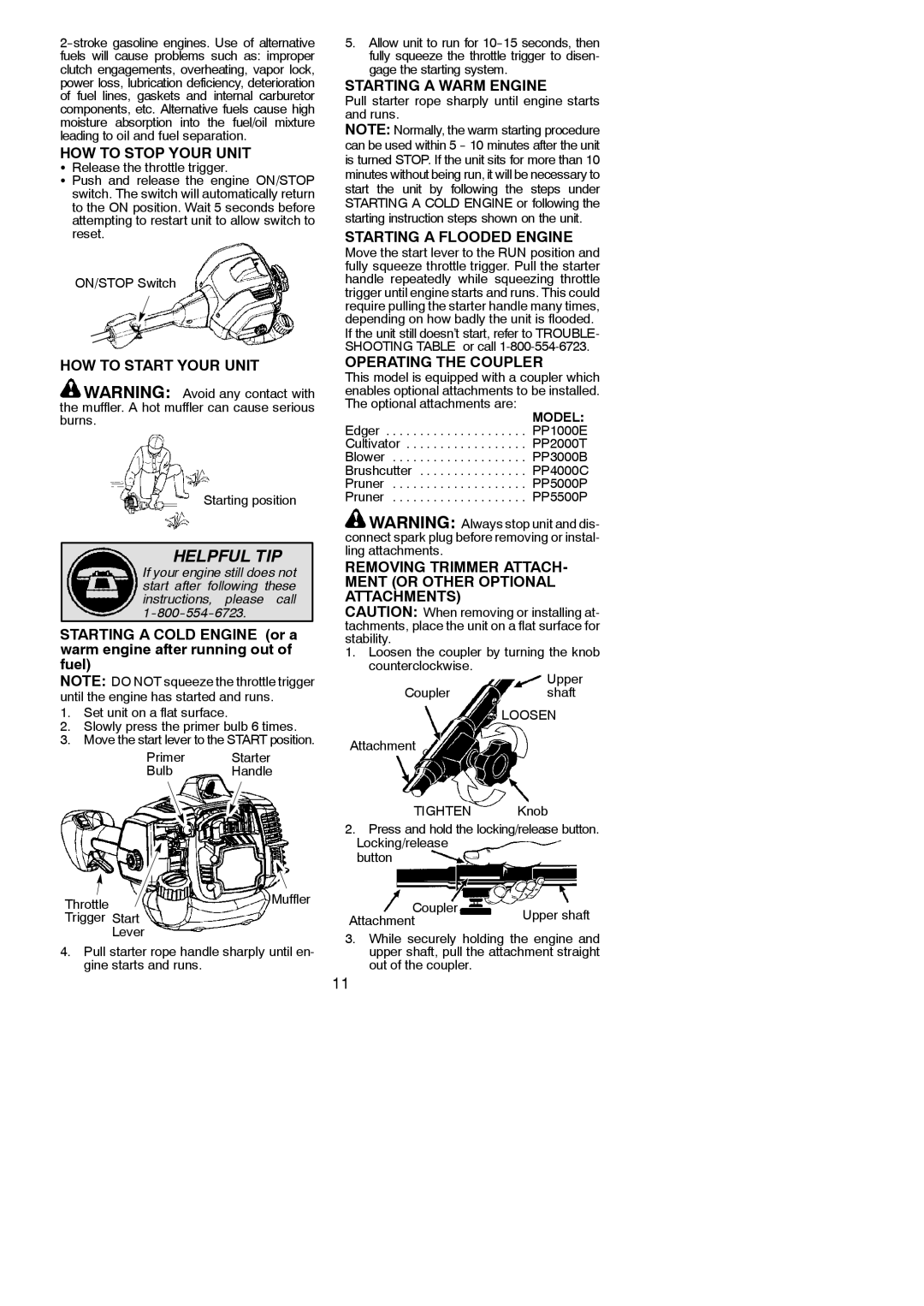 Poulan PP133 HOW to Stop Your Unit, HOW to Start Your Unit, Starting a Warm Engine, Starting a Flooded Engine 