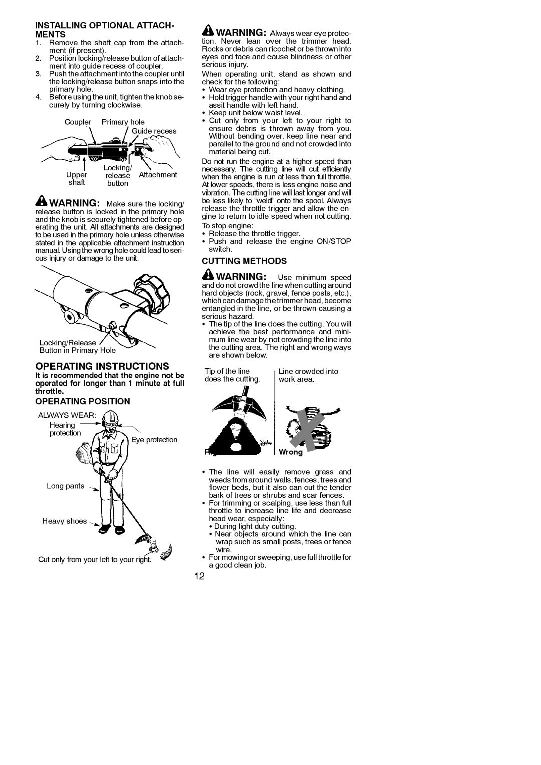 Poulan PP133 instruction manual Installing Optional ATTACH- Ments, Operating Position, Cutting Methods, RightWrong 