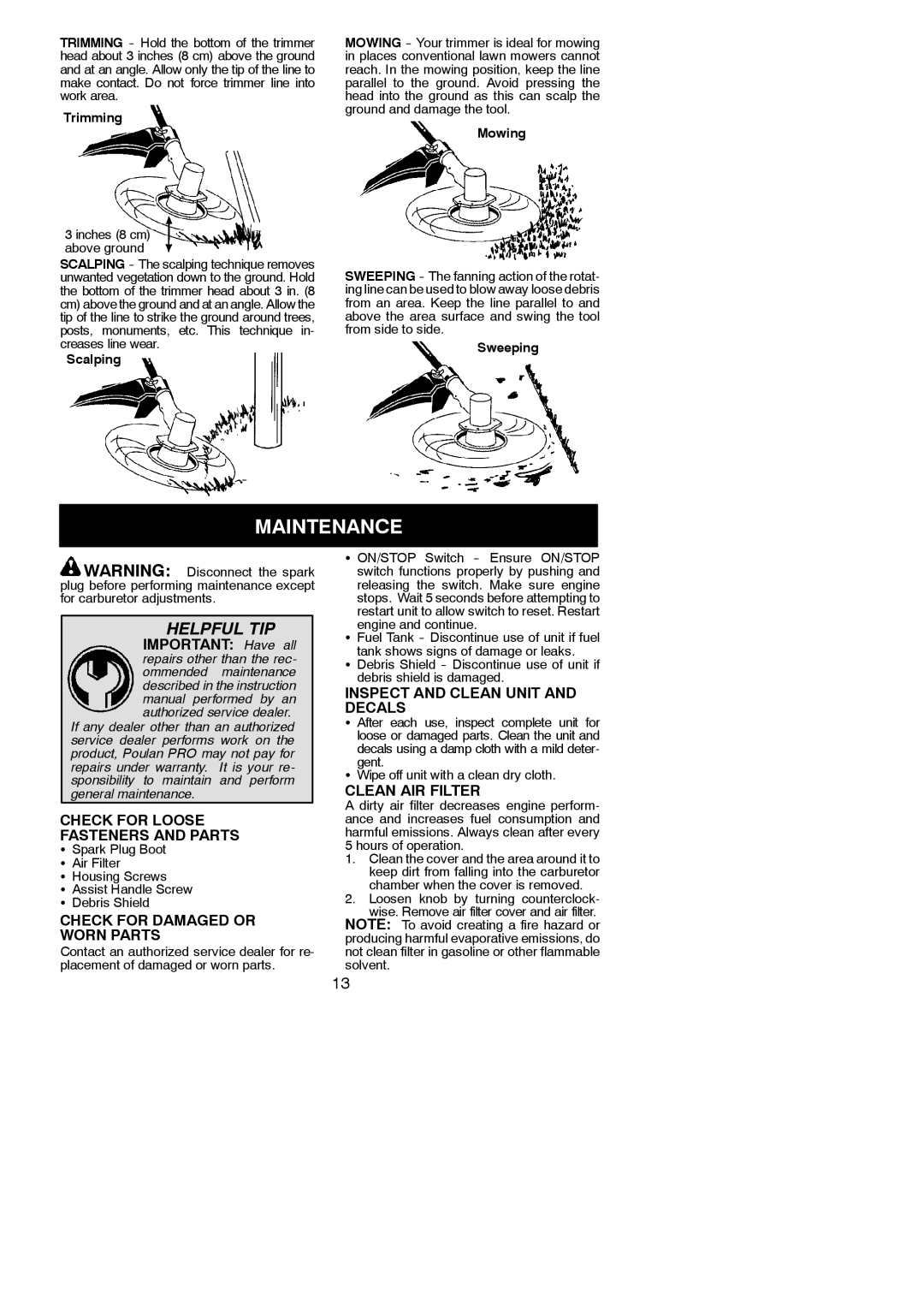 Poulan PP133 Maintenance, Check for Loose Fasteners and Parts, Check for Damaged or Worn Parts, Clean AIR Filter 