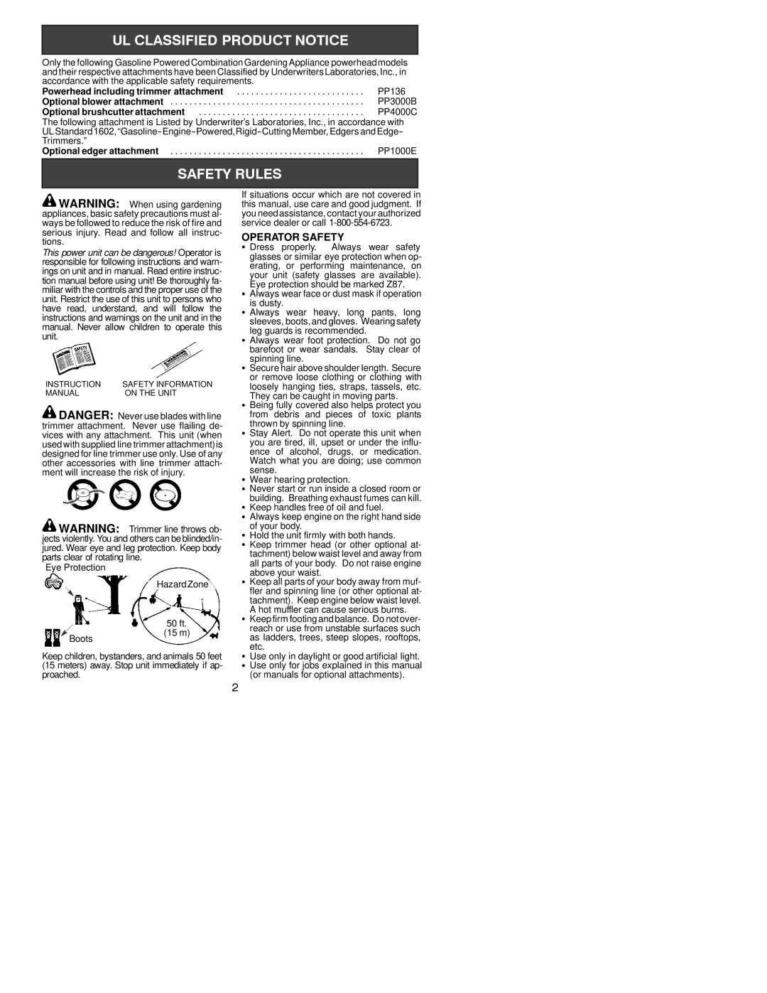 Poulan PP136 instruction manual Operator Safety, Eye Protection, Boots, Always wear face or dust mask if operation is dusty 