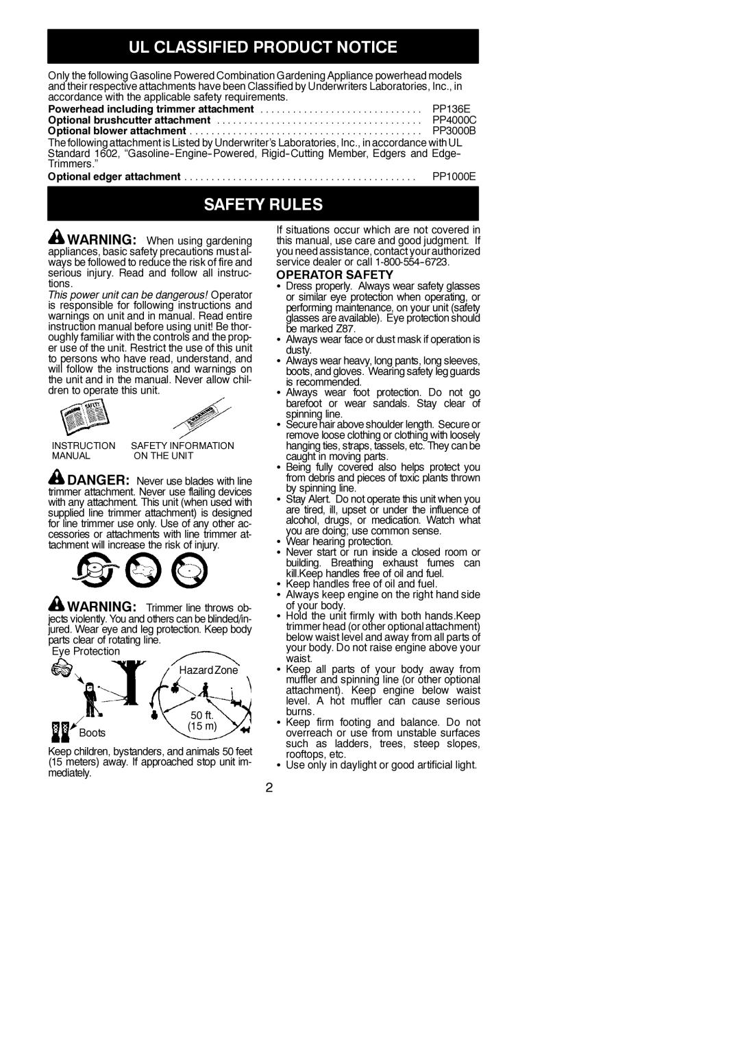 Poulan PP136E instruction manual UL Classified Product Notice, Safety Rules, Operator Safety 