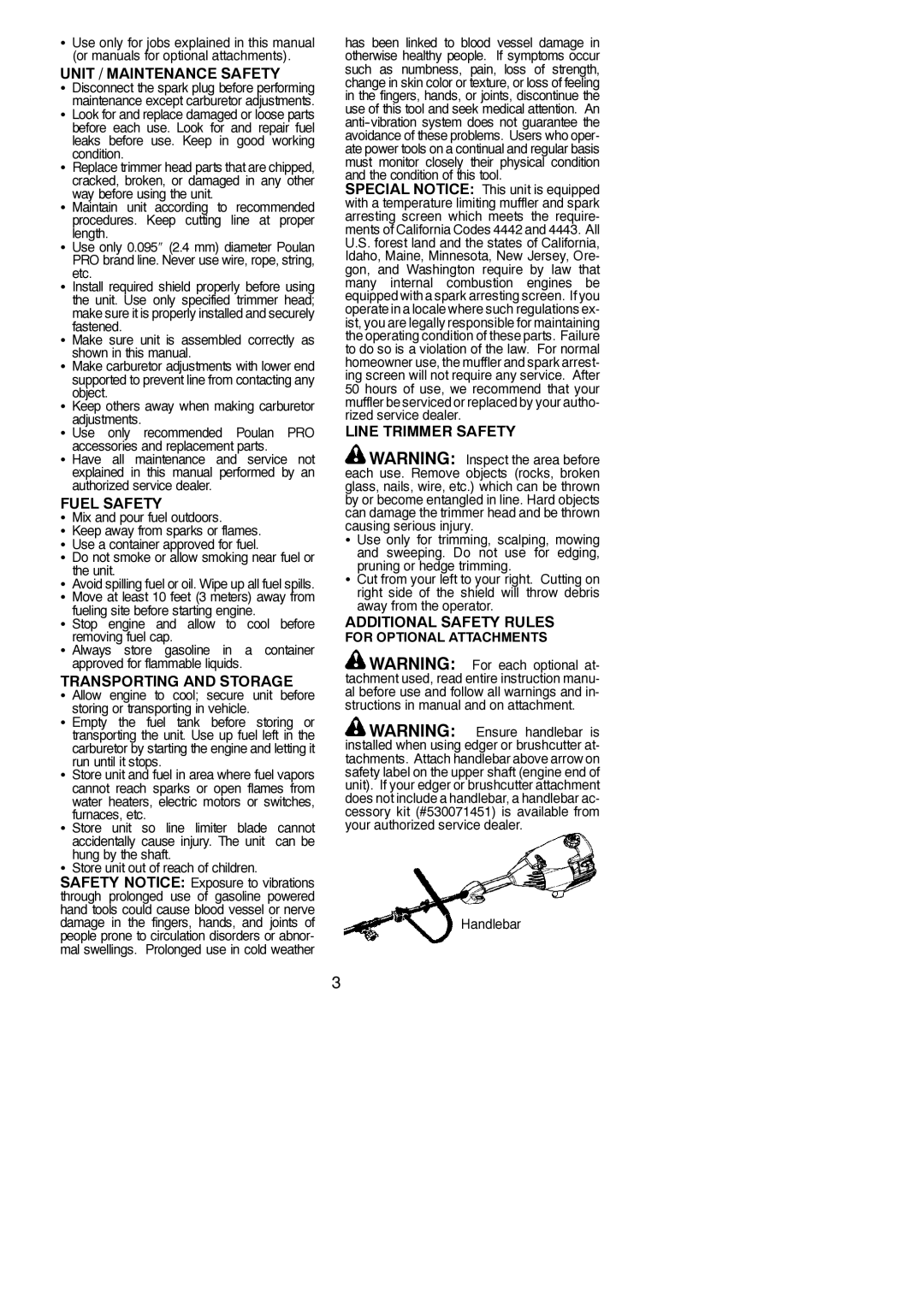 Poulan PP136E instruction manual Unit / Maintenance Safety, Fuel Safety, Transporting and Storage, Line Trimmer Safety 