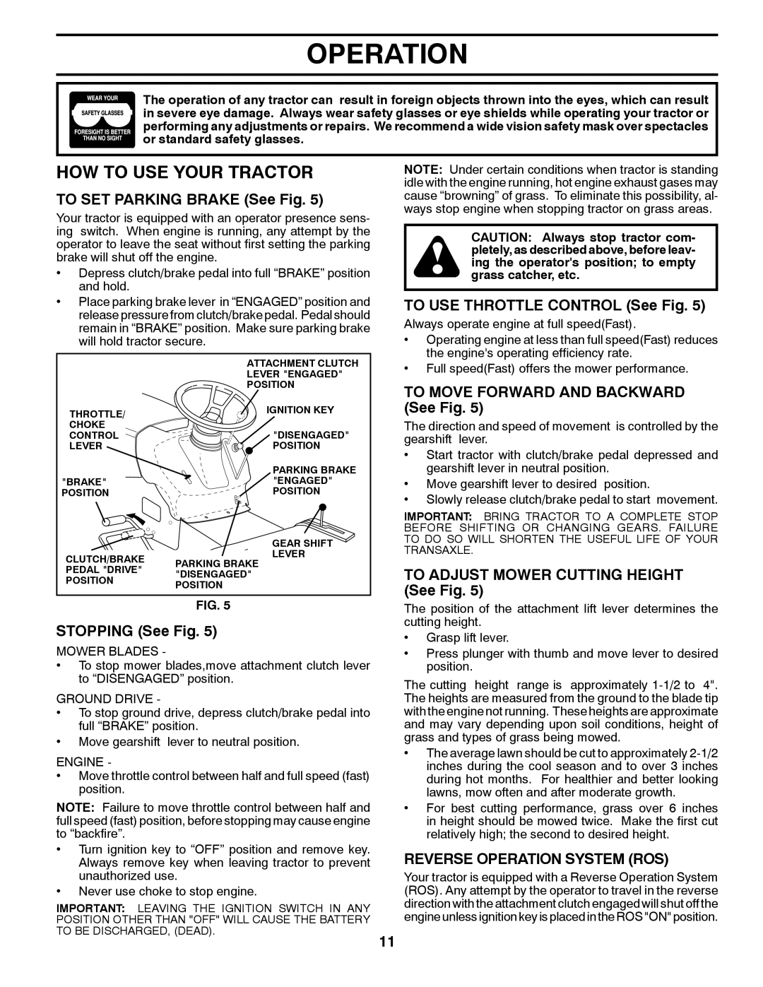 Poulan PP14538 manual HOW to USE Your Tractor, Reverse Operation System ROS 