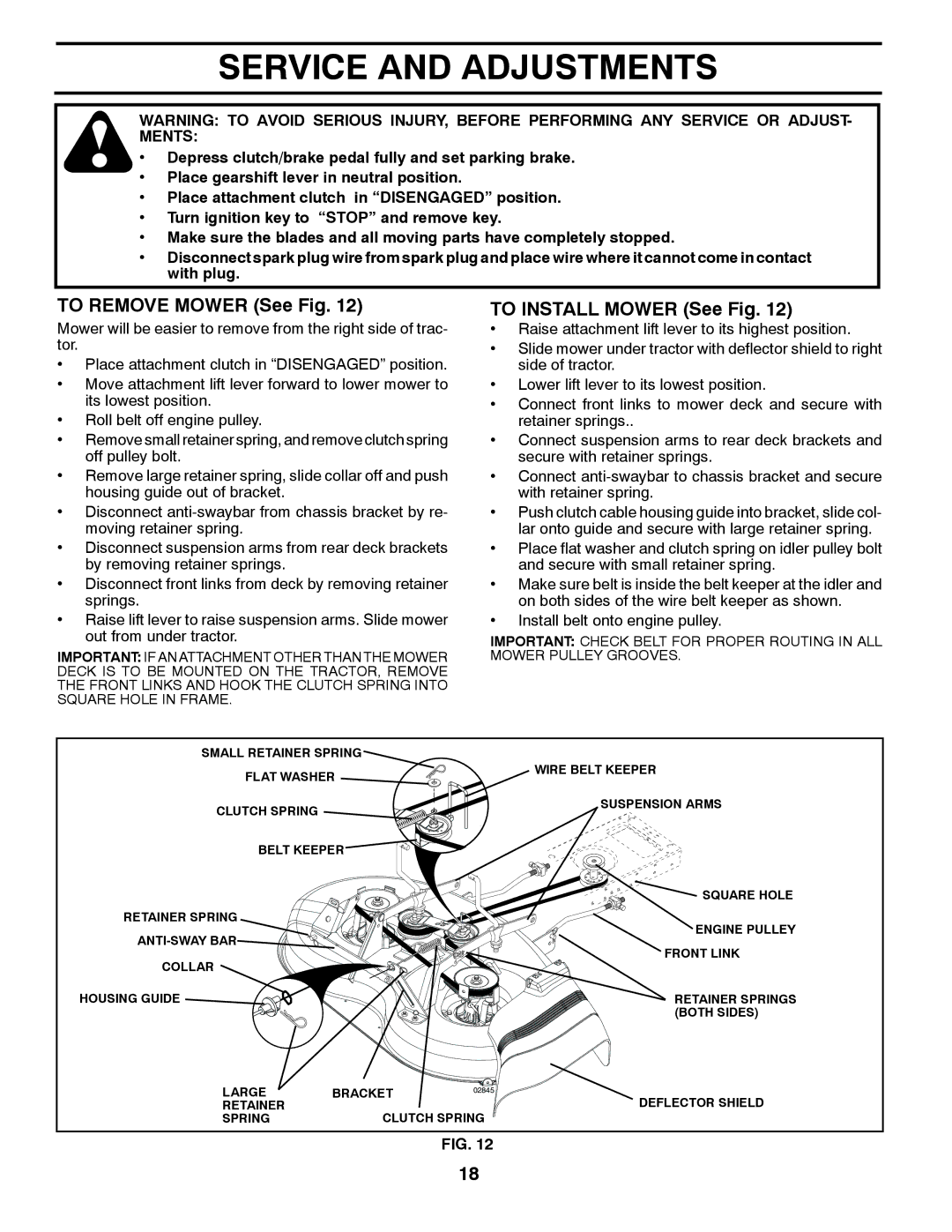 Poulan PP14538 manual Service and Adjustments, To Remove Mower See Fig, To Install Mower See Fig 