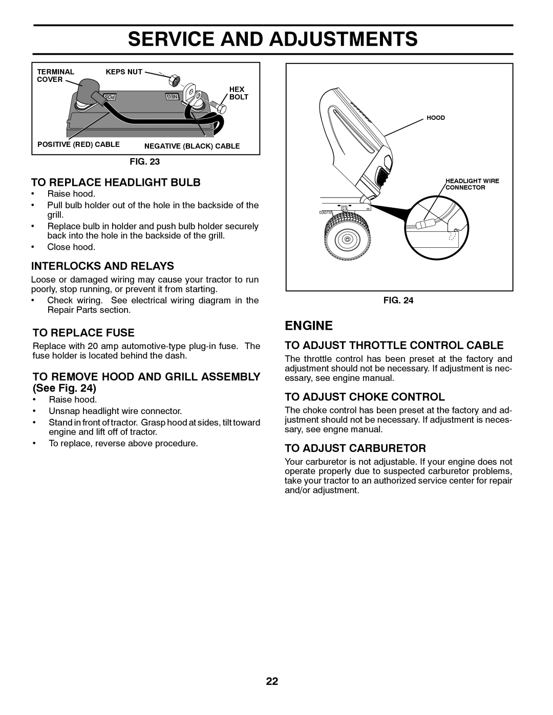 Poulan PP14538 manual To Replace Headlight Bulb, Interlocks and Relays, To Replace Fuse, To Adjust Throttle Control Cable 