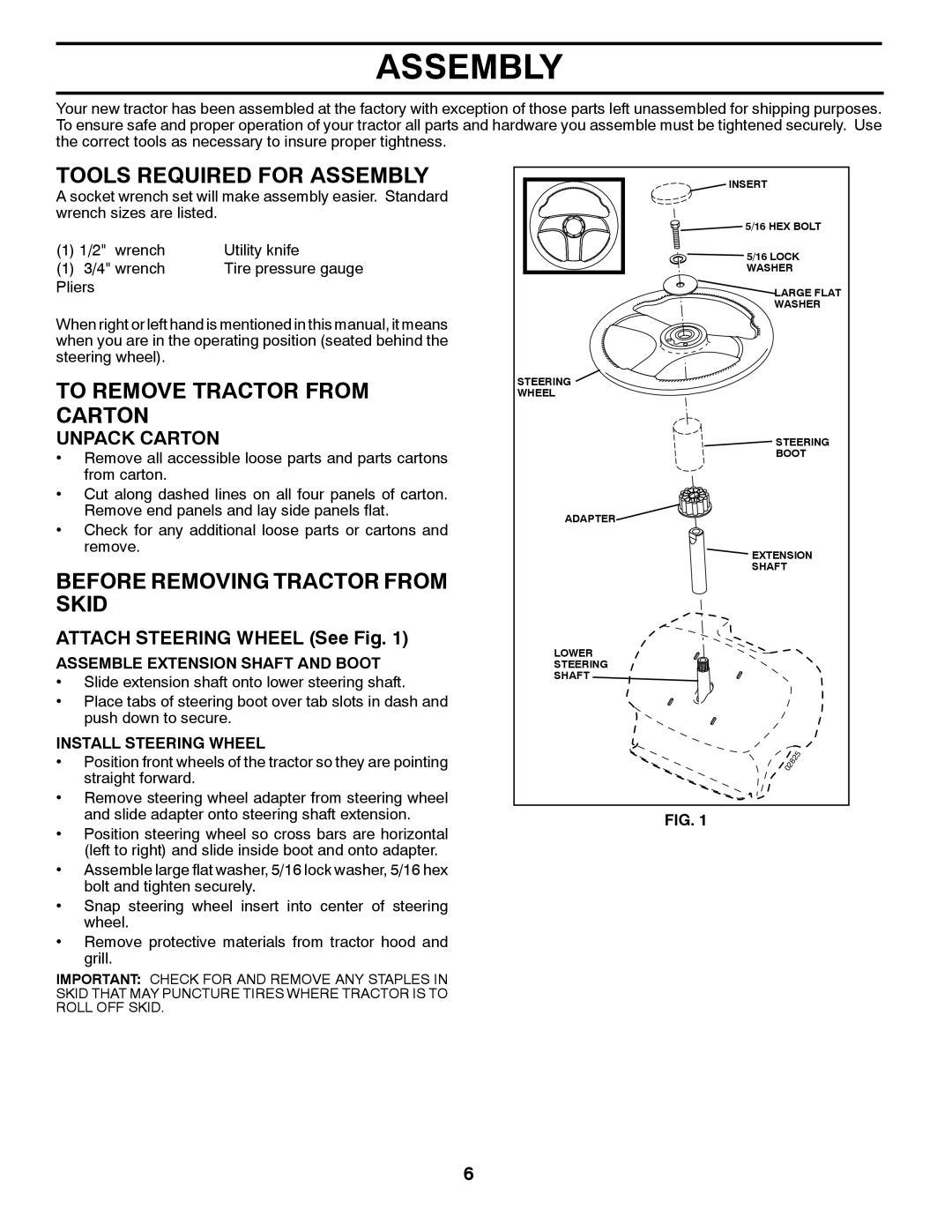 Poulan PP14538 manual Tools Required for Assembly, To Remove Tractor from Carton, Before Removing Tractor from Skid 