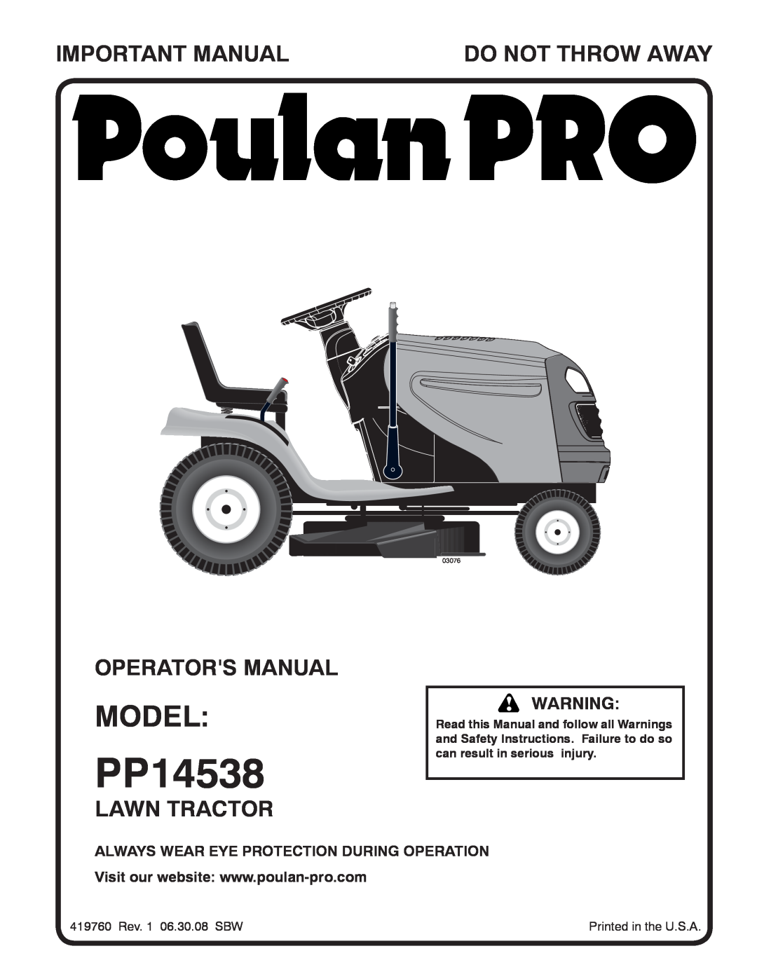 Poulan PP14538 manual Important Manual, Do Not Throw Away, Operators Manual, Lawn Tractor, Model, 03076 