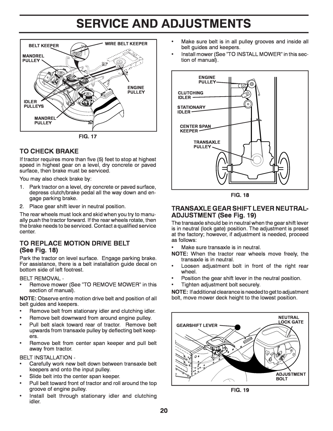 Poulan PP14538 manual To Check Brake, TO REPLACE MOTION DRIVE BELT See Fig, Service And Adjustments 