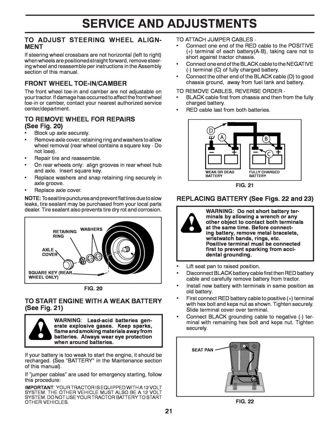 Poulan PP14538 manual To Adjust Steering Wheel Align- Ment, Front Wheel Toe-In/Camber, TO REMOVE WHEEL FOR REPAIRS See Fig 