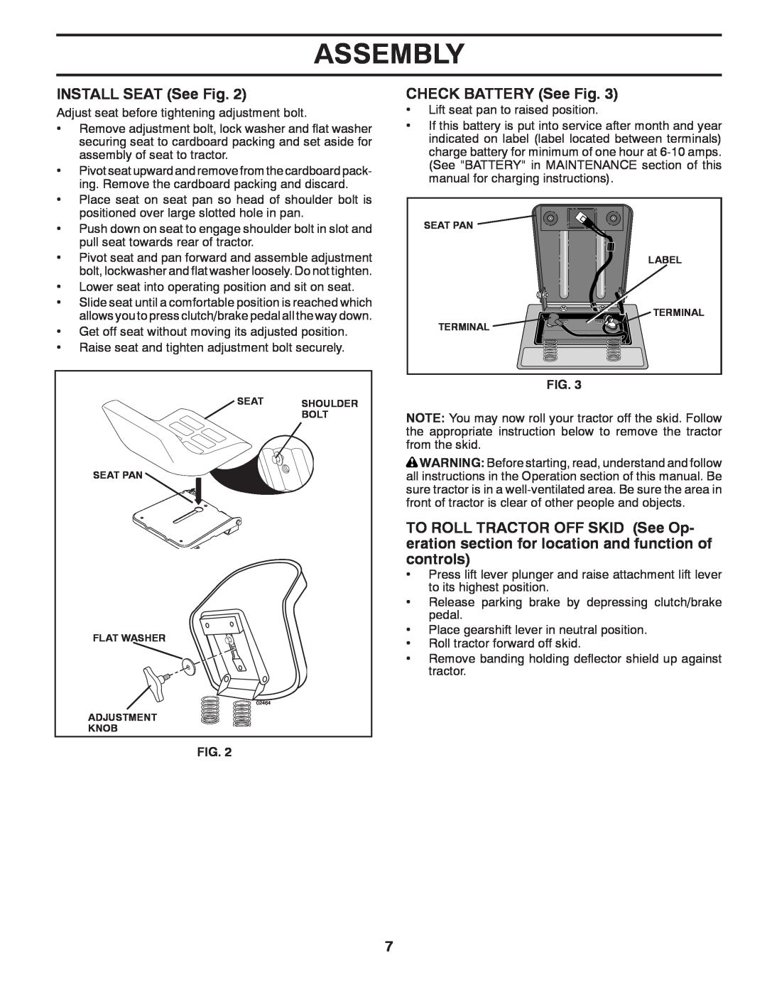 Poulan PP14538 manual INSTALL SEAT See Fig, CHECK BATTERY See Fig, Assembly 