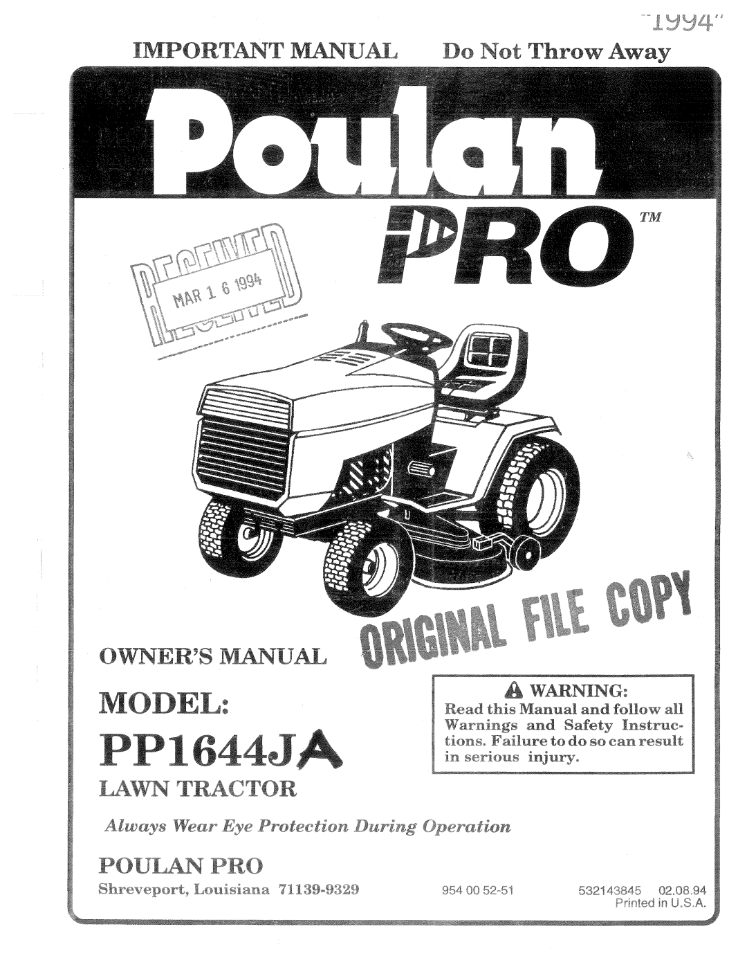 Poulan PP1644JA manual 