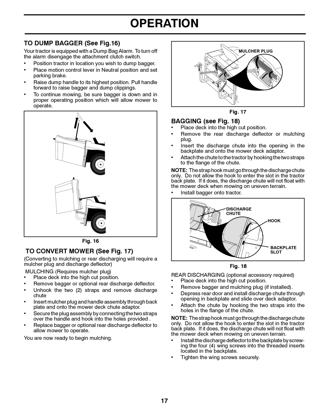 Poulan 960 61 01-57, PP16H36RB, 96061015703 owner manual To Dump Bagger See, To Convert Mower See Fig, Bagging see Fig 