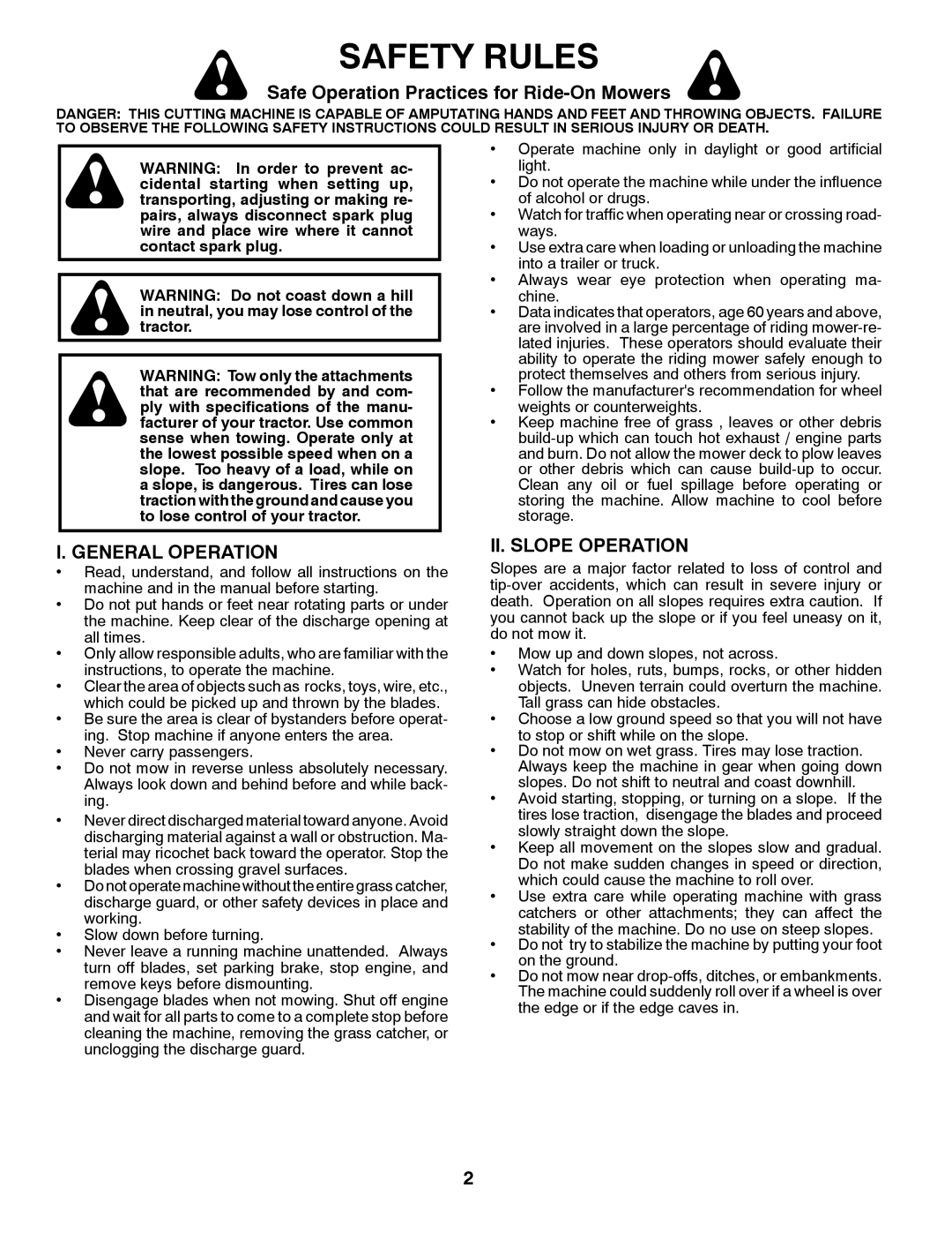 Poulan 960 61 01-57 Safety Rules, Safe Operation Practices for Ride-On Mowers, General Operation, II. Slope Operation 