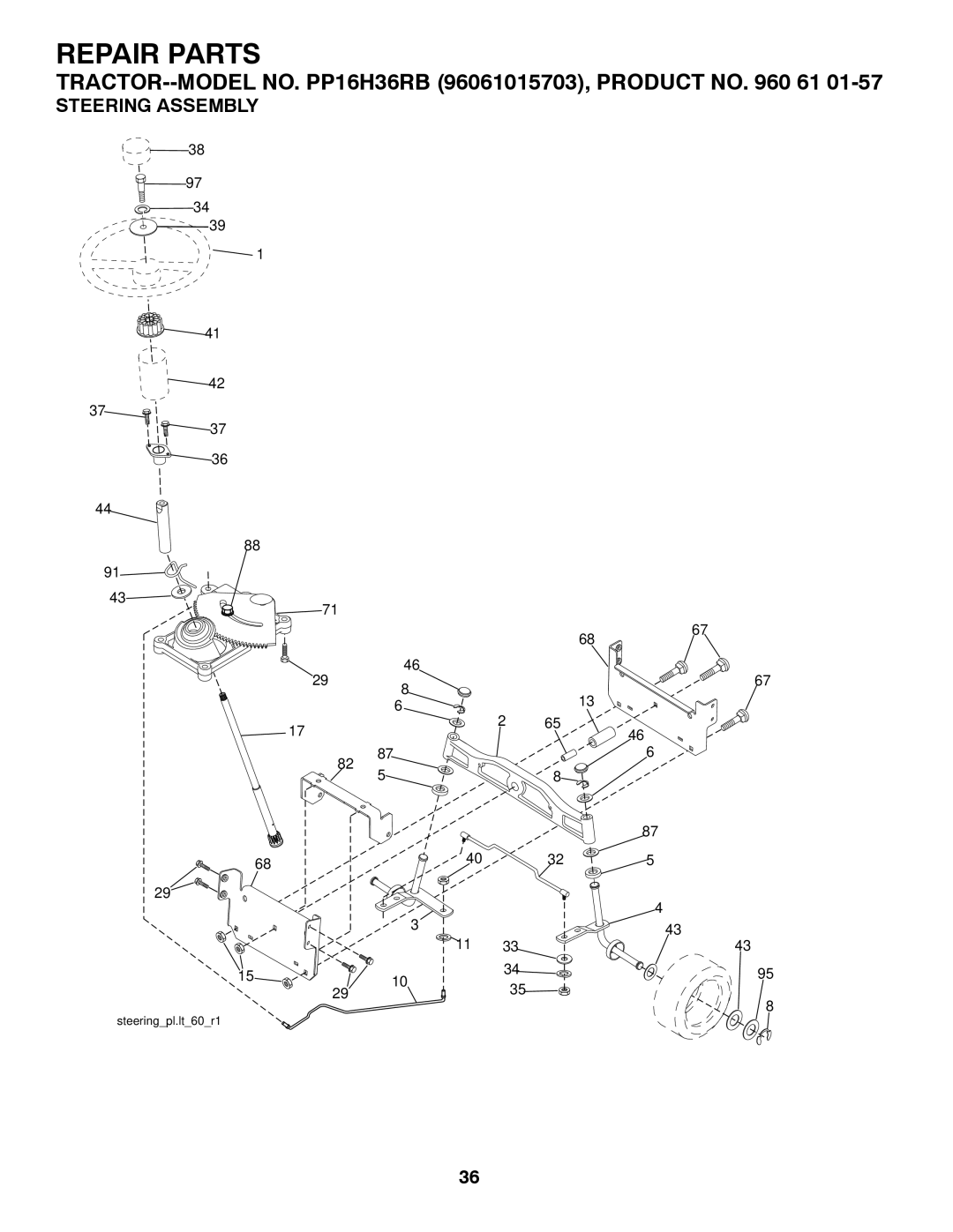 Poulan PP16H36RB, 96061015703, 960 61 01-57 owner manual Steering Assembly 