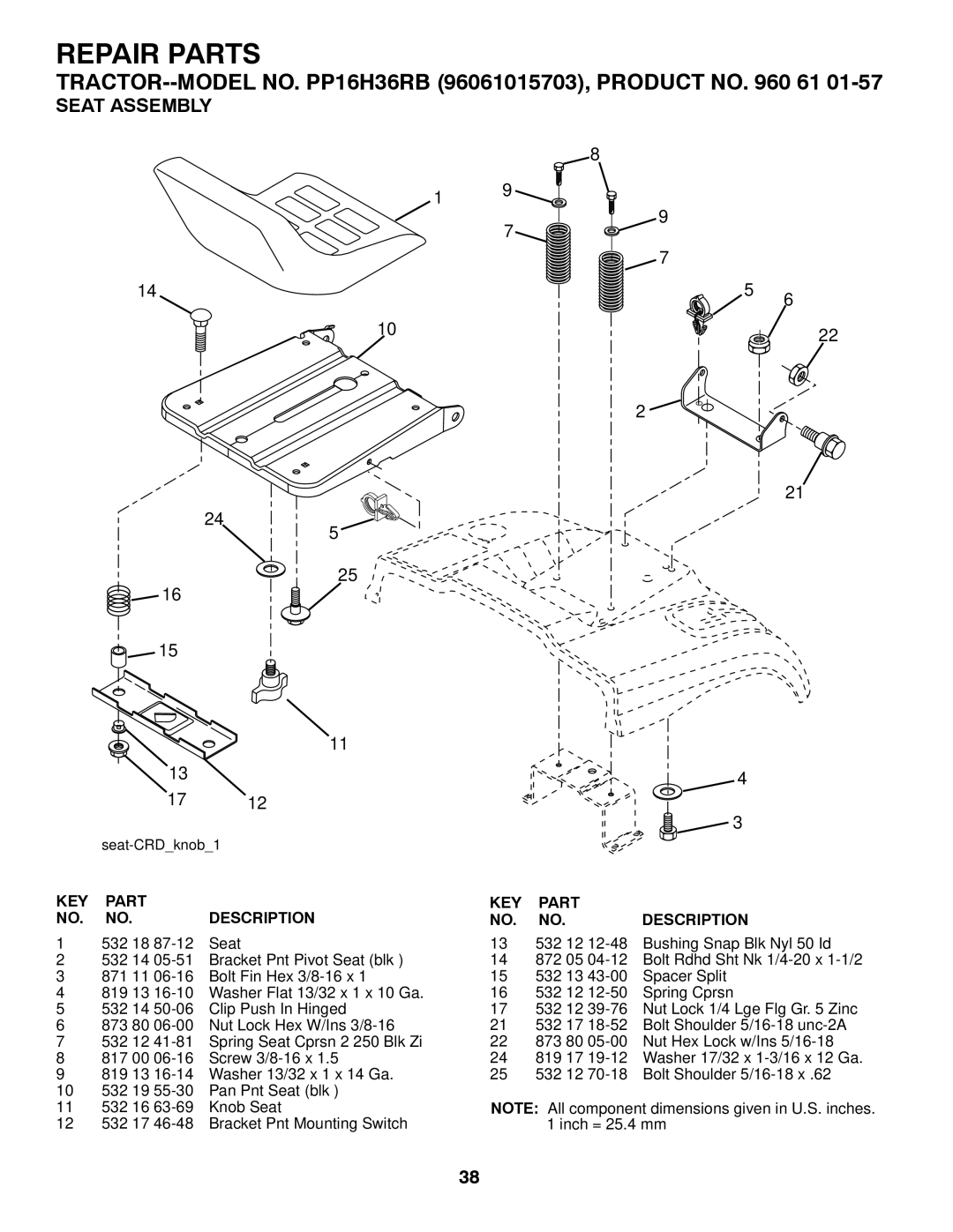 Poulan 960 61 01-57, PP16H36RB, 96061015703 owner manual Seat Assembly 