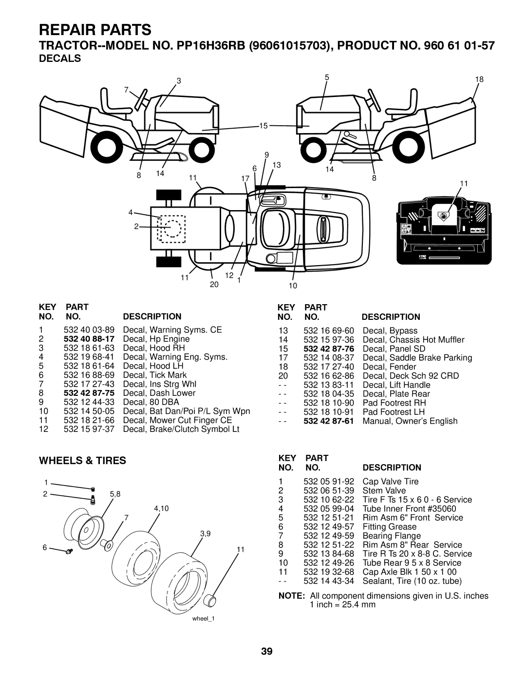 Poulan PP16H36RB, 96061015703, 960 61 01-57 owner manual Decals, Wheels & Tires 