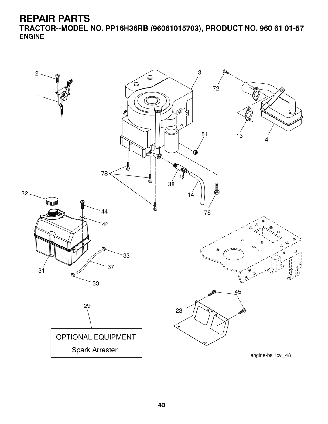 Poulan 96061015703, PP16H36RB, 960 61 01-57 owner manual Engine 