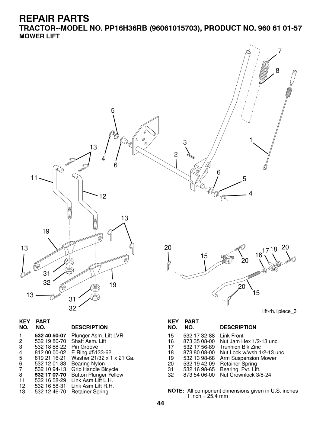 Poulan 960 61 01-57, PP16H36RB, 96061015703 owner manual Mower Lift, 532 17 Link Front 