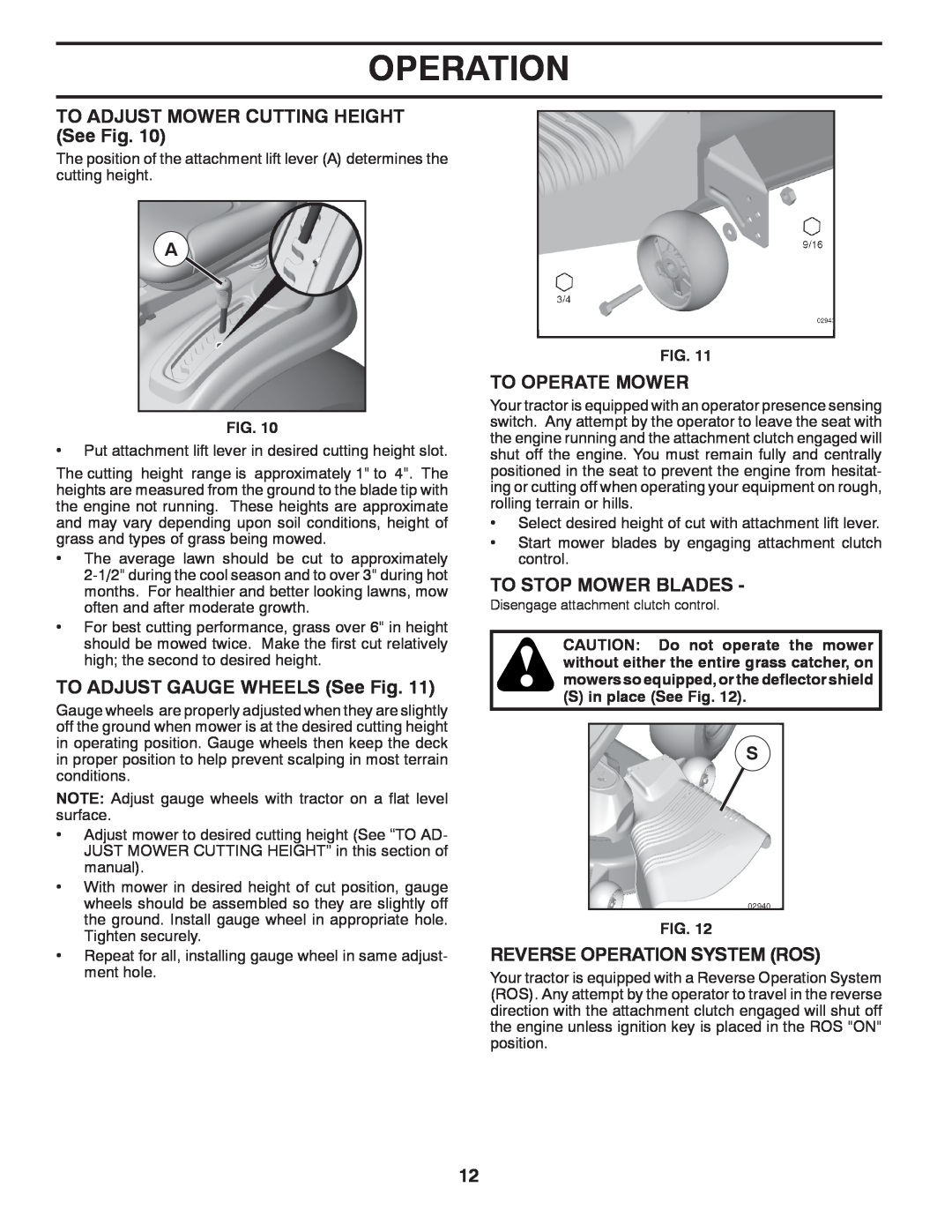 Poulan PP17538HP manual Operation, TO ADJUST MOWER CUTTING HEIGHT See Fig, TO ADJUST GAUGE WHEELS See Fig, To Operate Mower 