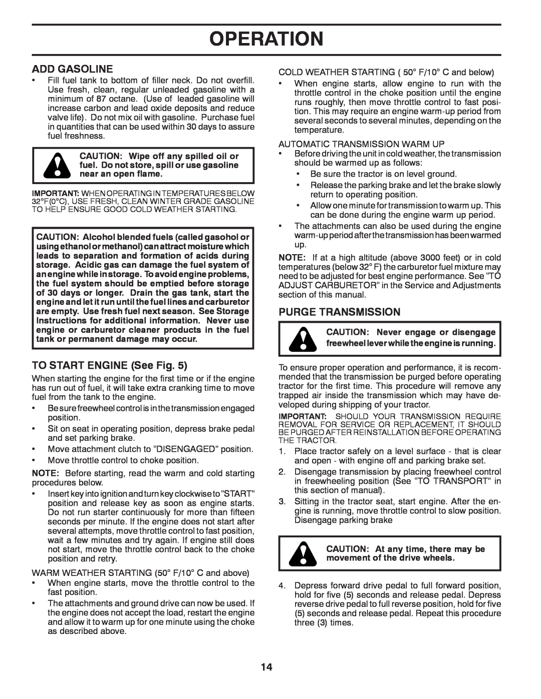Poulan 420408, PP17538HP, 96041007302 manual Operation, Add Gasoline, TO START ENGINE See Fig, Purge Transmission 