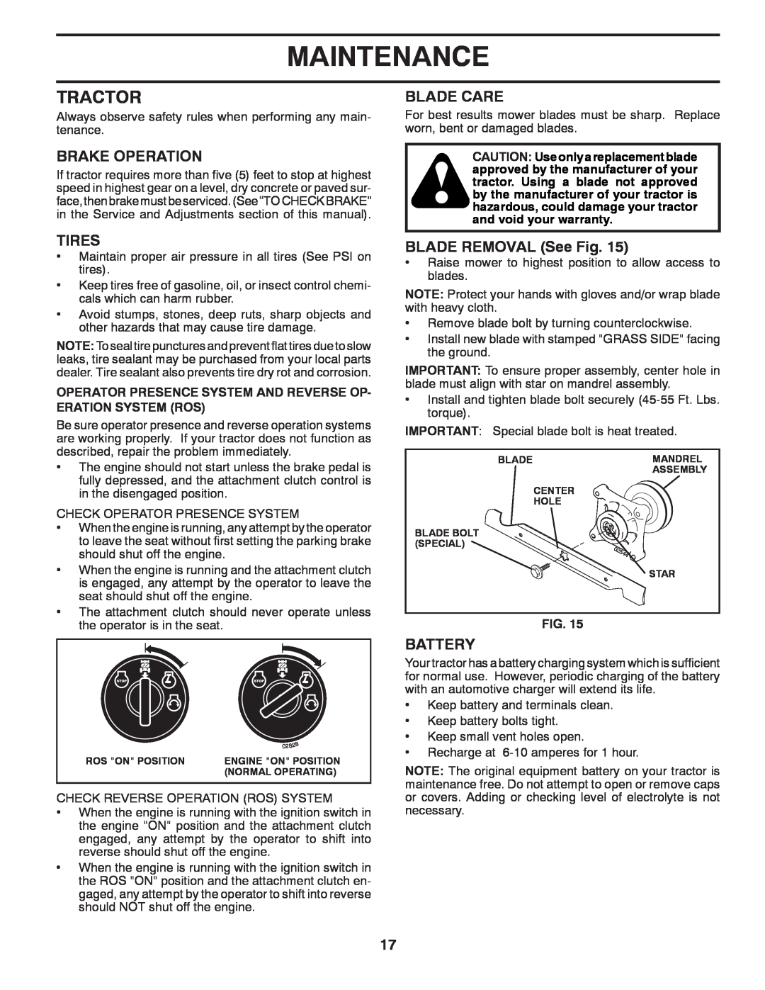 Poulan 420408, PP17538HP manual Tractor, Maintenance, Brake Operation, Tires, Blade Care, BLADE REMOVAL See Fig, Battery 