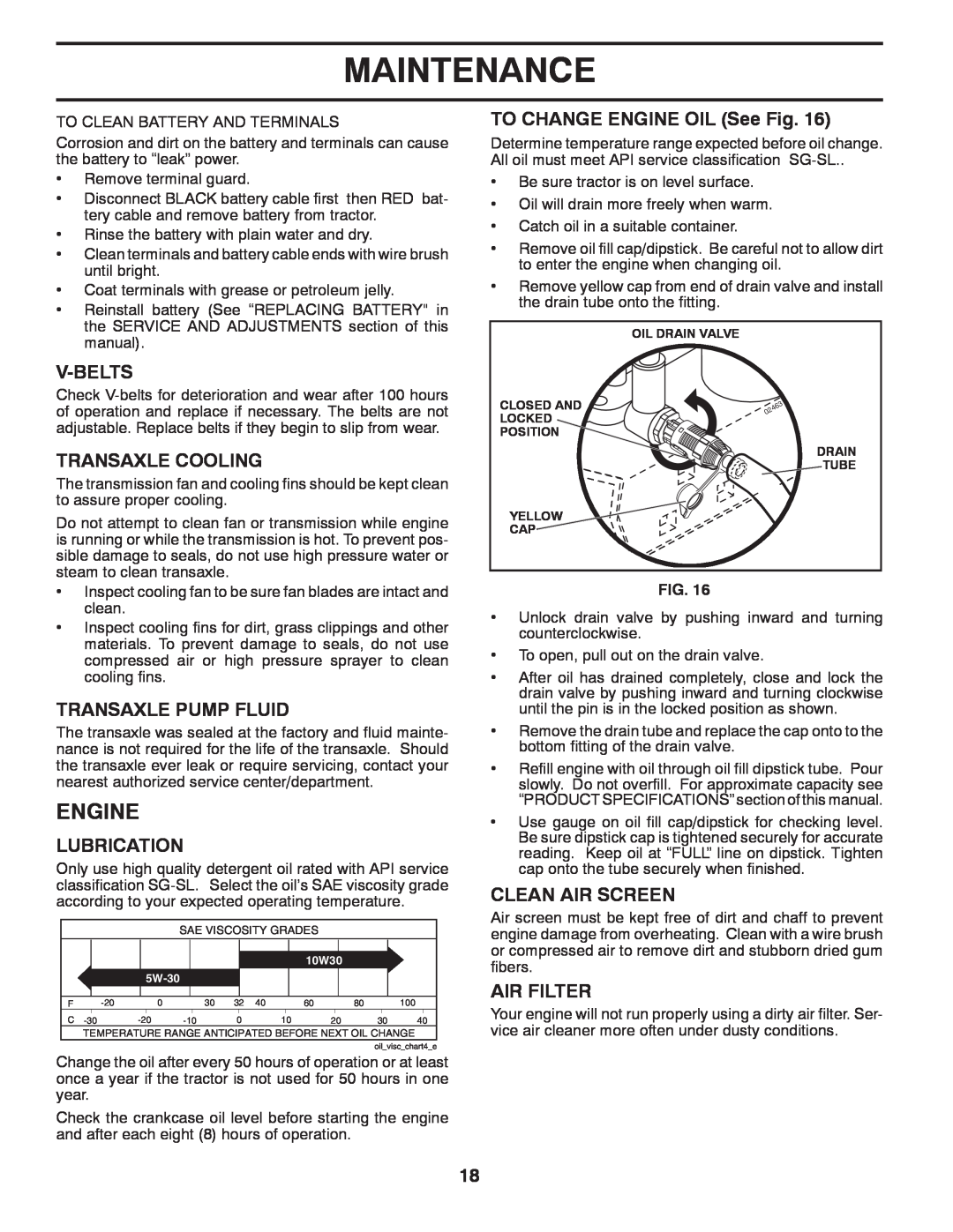 Poulan PP17538HP Engine, Maintenance, V-Belts, Transaxle Cooling, Transaxle Pump Fluid, Lubrication, Clean Air Screen 