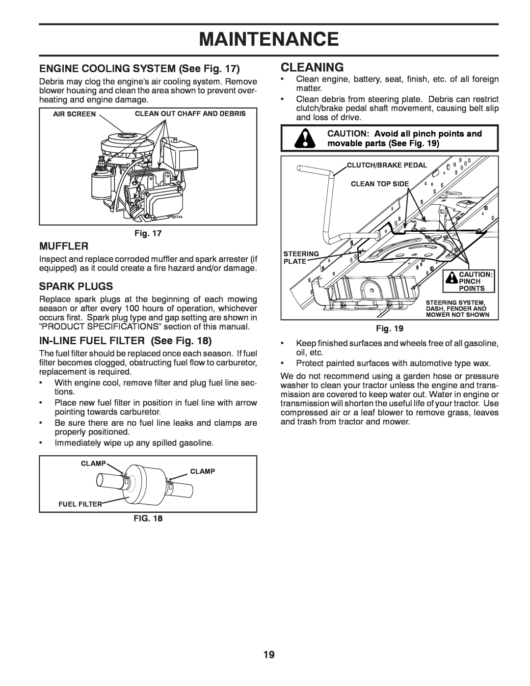 Poulan 96041007302 Cleaning, Maintenance, ENGINE COOLING SYSTEM See Fig, Muffler, Spark Plugs, IN-LINE FUEL FILTER See Fig 