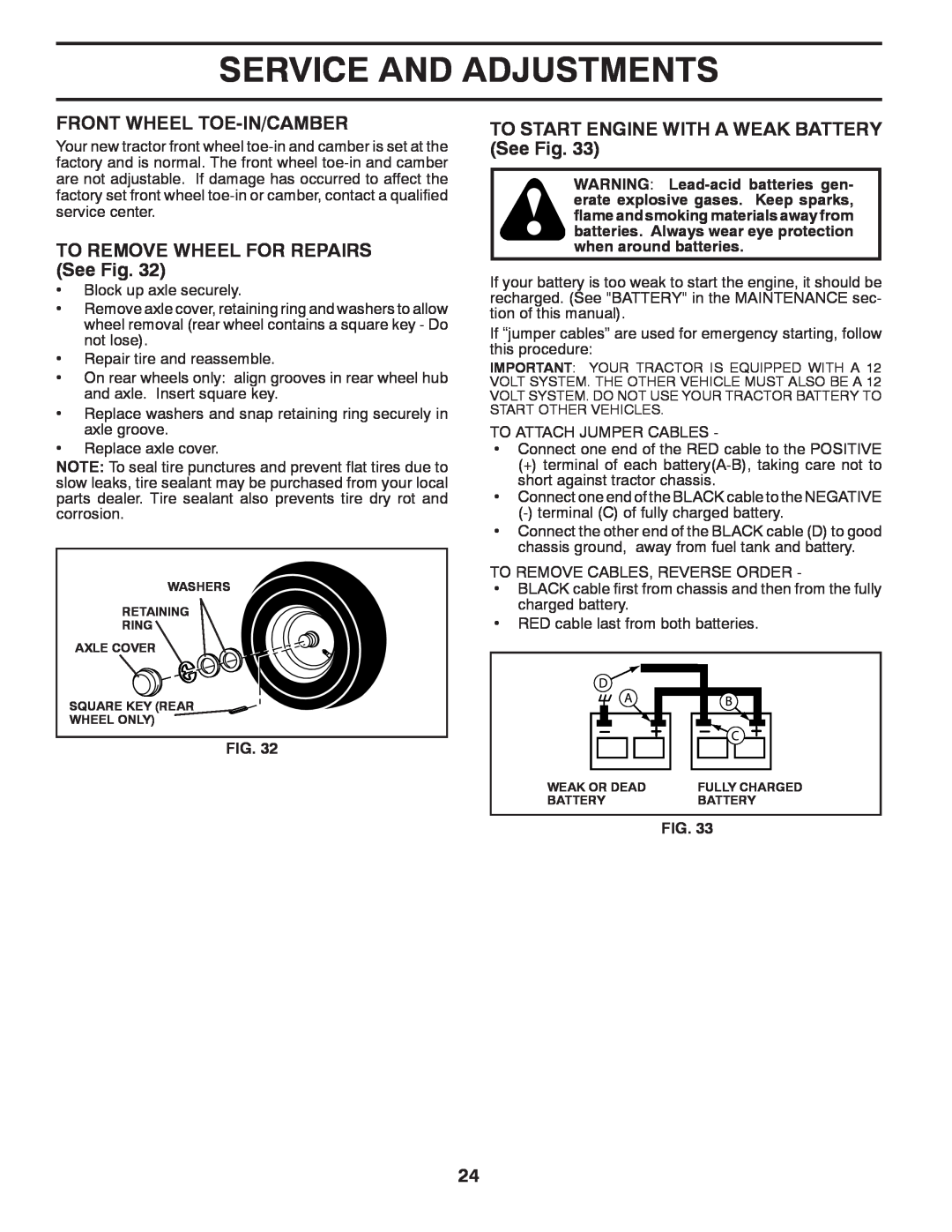 Poulan PP17538HP, 96041007302 manual Service And Adjustments, Front Wheel Toe-In/Camber, TO REMOVE WHEEL FOR REPAIRS See Fig 