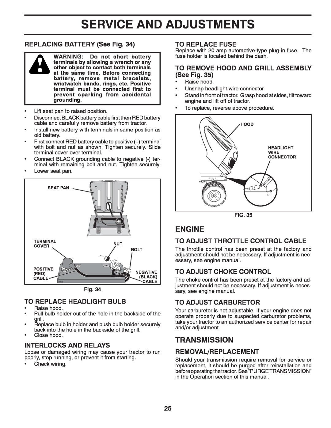 Poulan 96041007302 Transmission, Service And Adjustments, Engine, REPLACING BATTERY See Fig, To Replace Headlight Bulb 