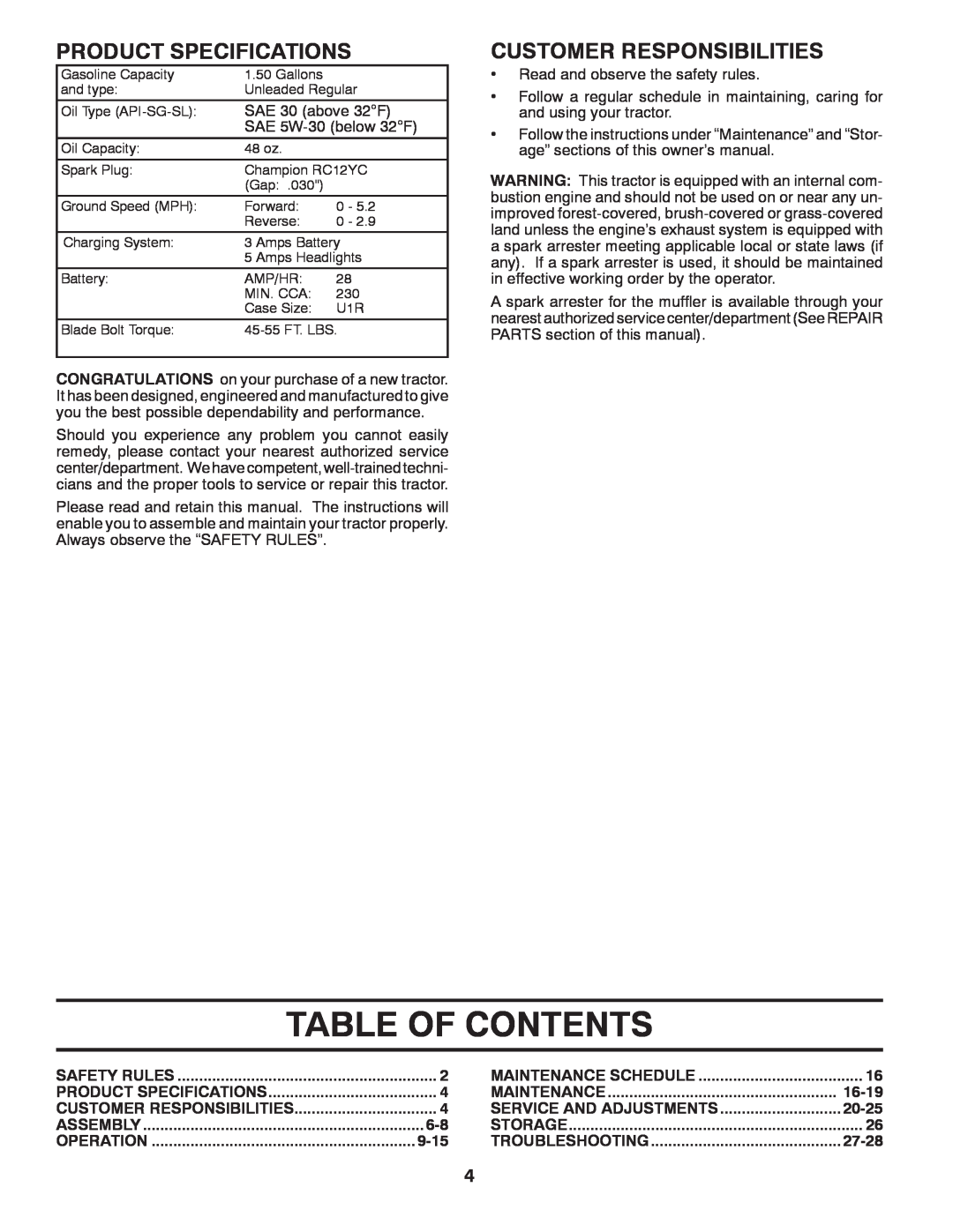 Poulan 96041007302, PP17538HP, 420408 manual Table Of Contents, Product Specifications, Customer Responsibilities 