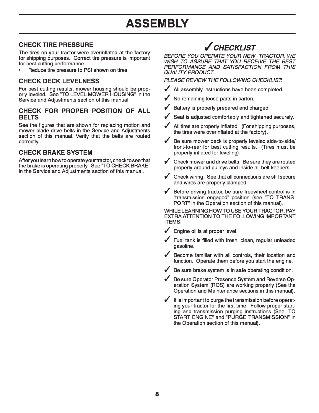 Poulan 420408 manual Assembly, Checklist, Check Tire Pressure, Check Deck Levelness, Check For Proper Position Of All Belts 