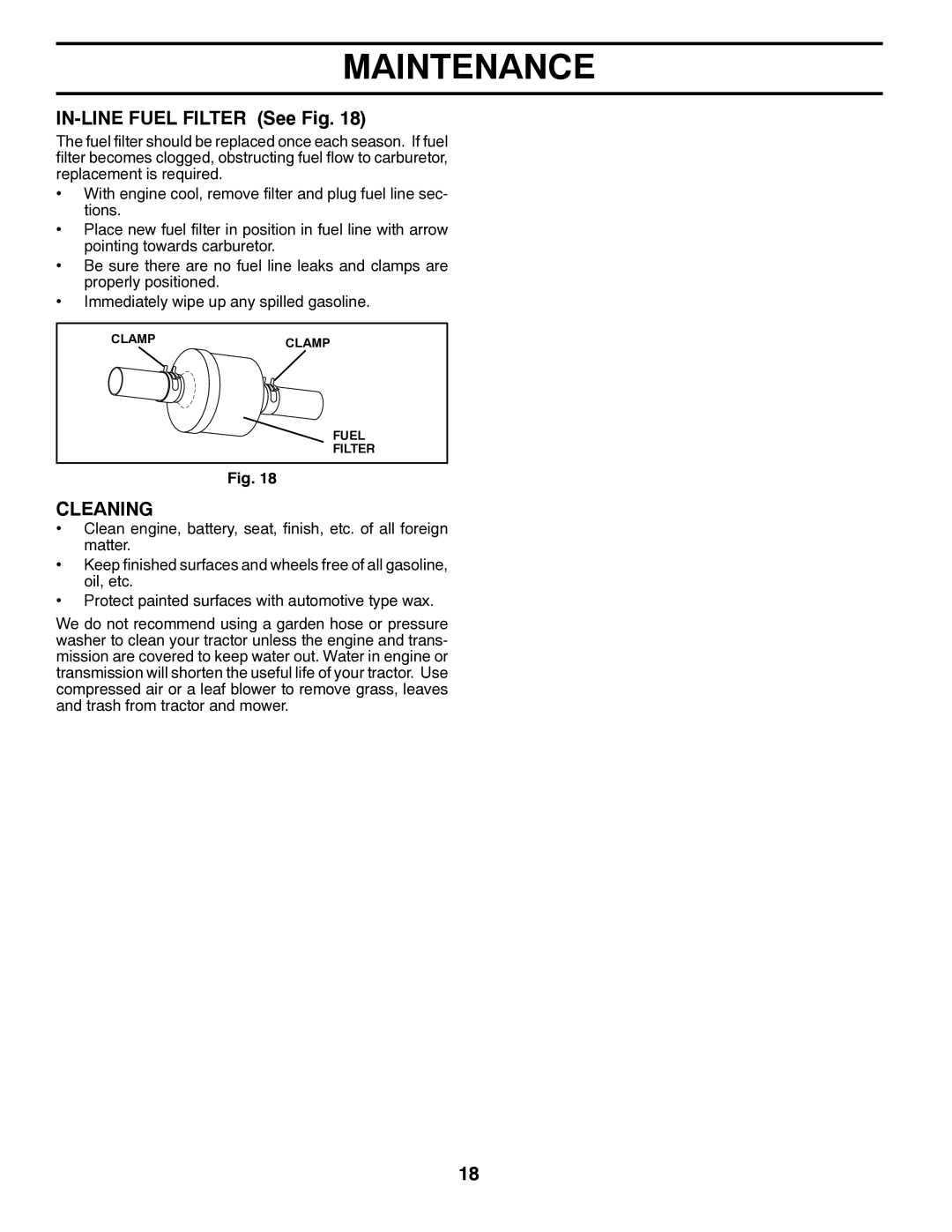 Poulan PP18542 owner manual IN-LINE Fuel Filter See Fig, Cleaning 