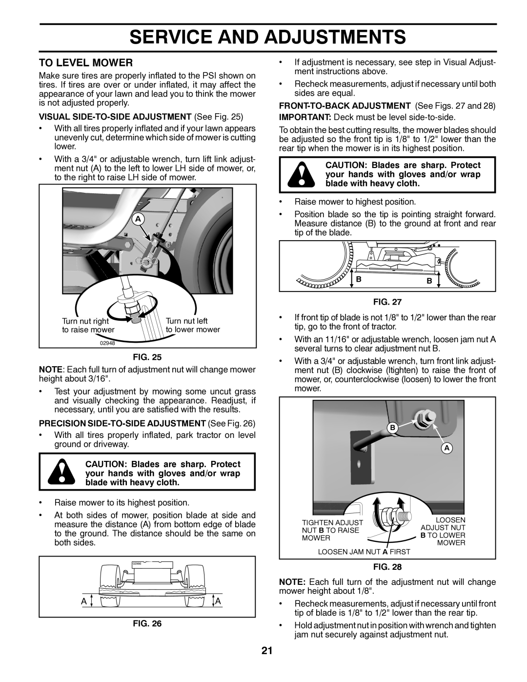 Poulan PP18542 owner manual To Level Mower, Visual SIDE-TO-SIDE Adjustment See Fig 