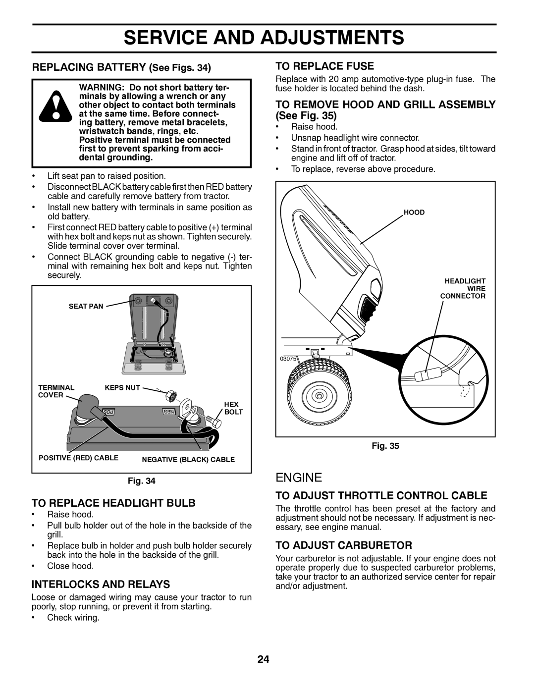 Poulan PP18542 To Replace Headlight Bulb, Interlocks and Relays, To Replace Fuse, To Adjust Throttle Control Cable 