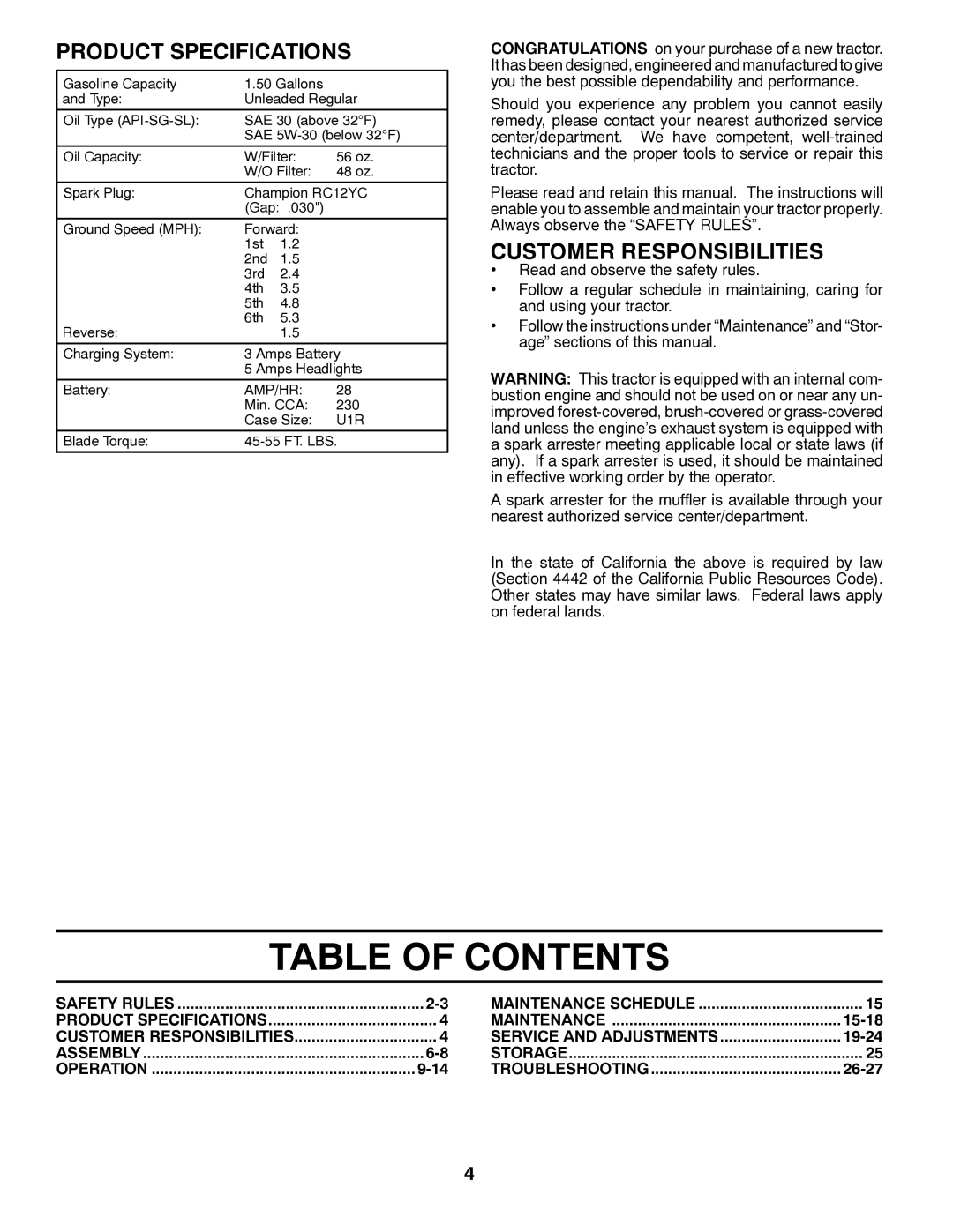 Poulan PP18542 owner manual Table of Contents 