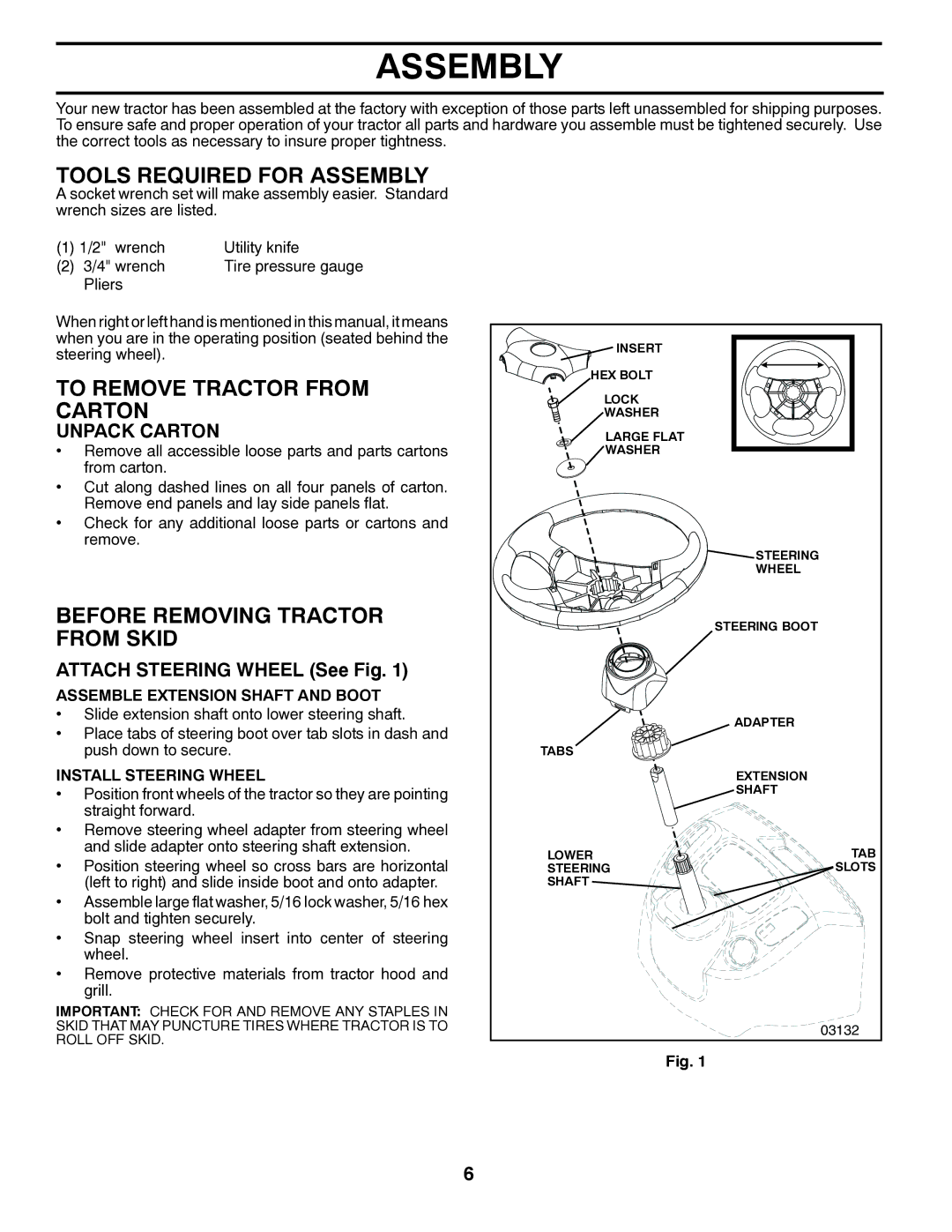 Poulan PP18542 Tools Required for Assembly, To Remove Tractor from Carton, Before Removing Tractor from Skid 